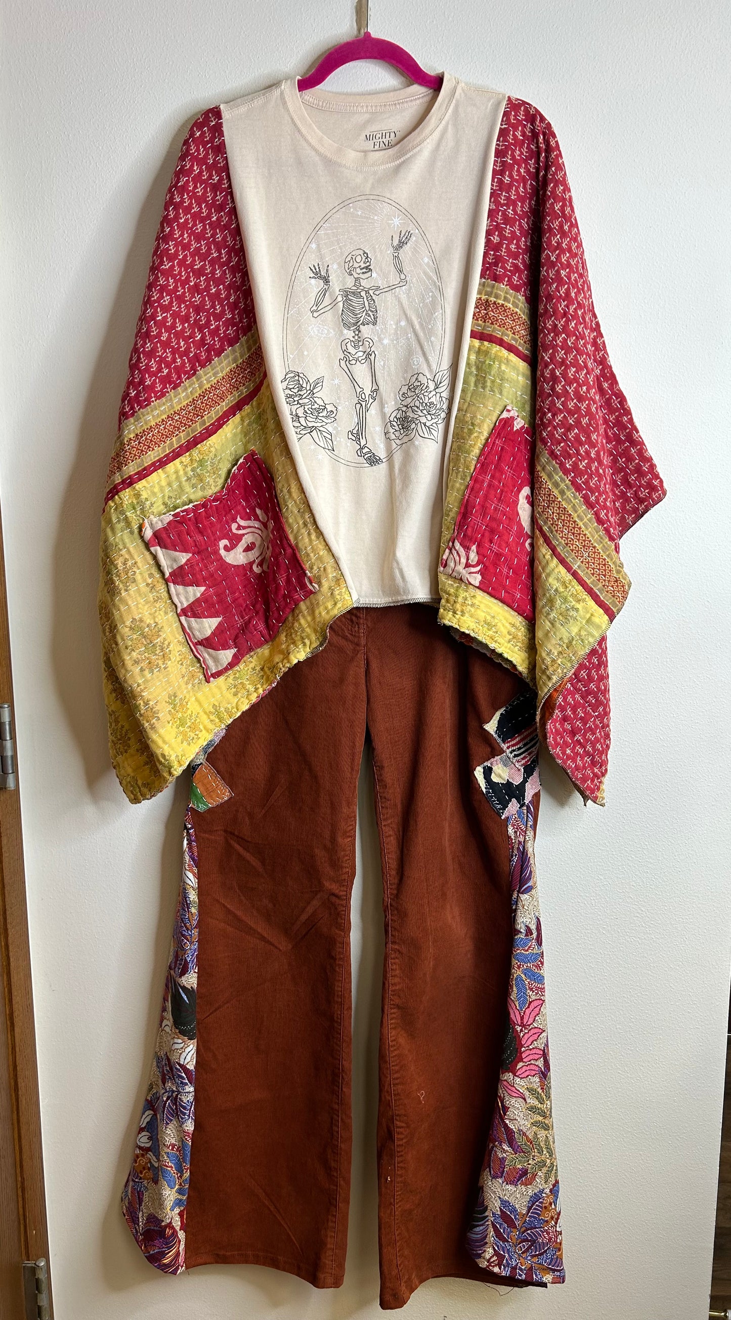 Happy Skeleton upcycled kantha poncho