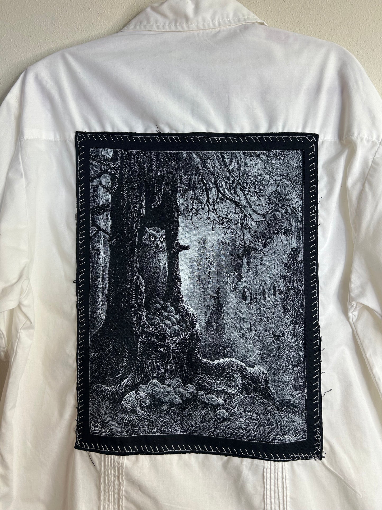 The Mice and The Tawny Owl upcycled white shirt unisex L/XL