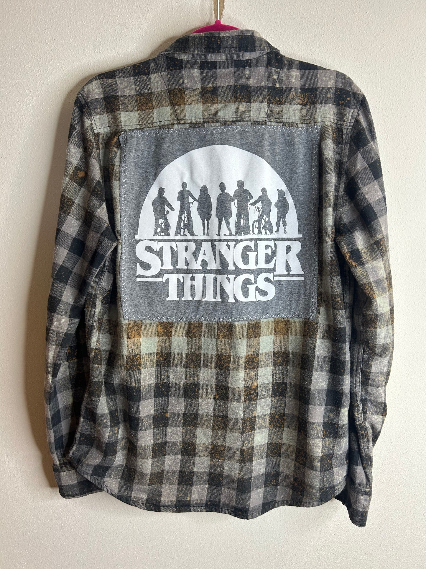 Stranger Things upcycled flannel shirt unisex size M black gray