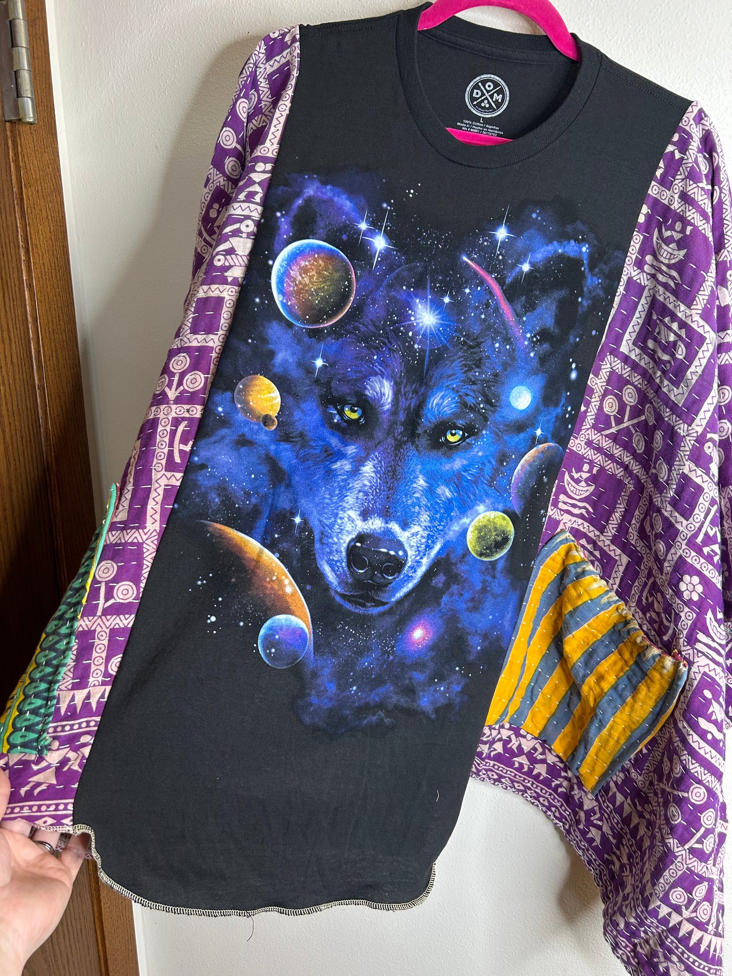 Cosmic Wolf upcycled kantha poncho