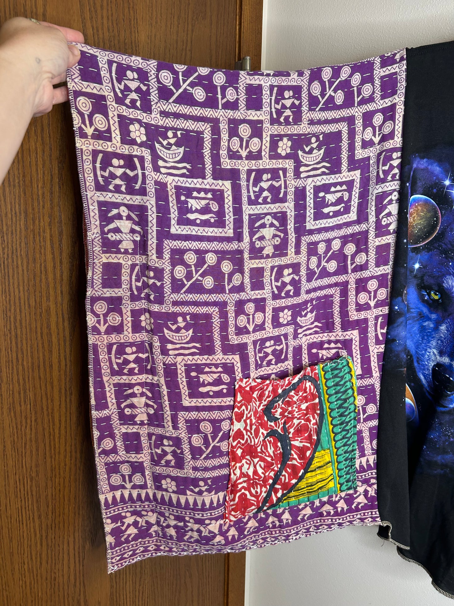 Cosmic Wolf upcycled kantha poncho