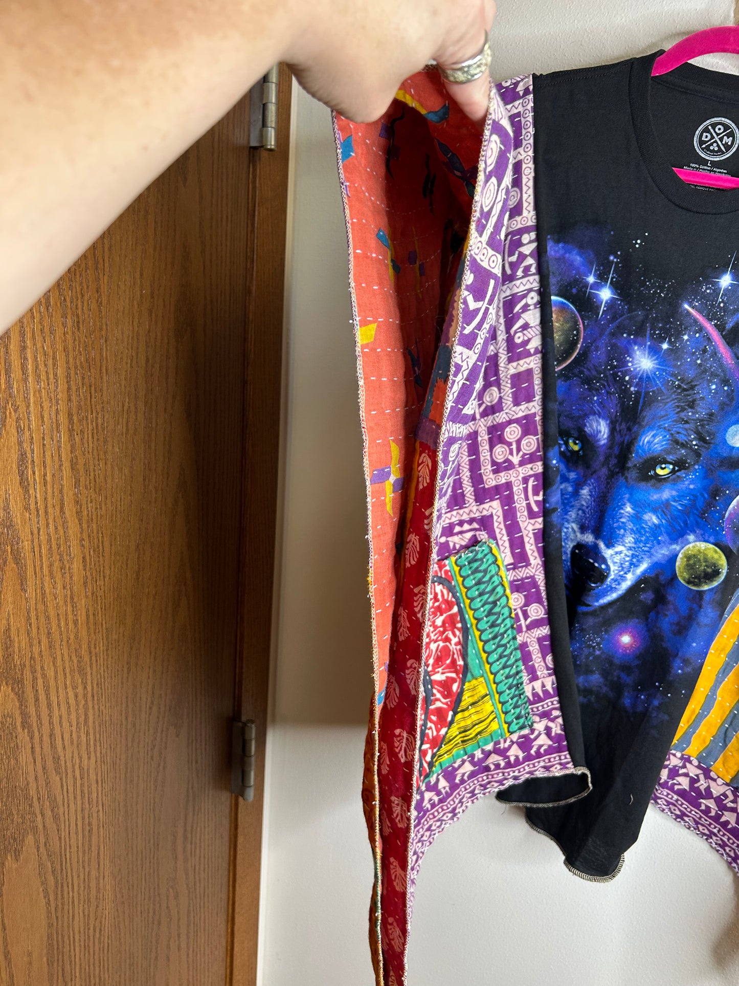 Cosmic Wolf upcycled kantha poncho