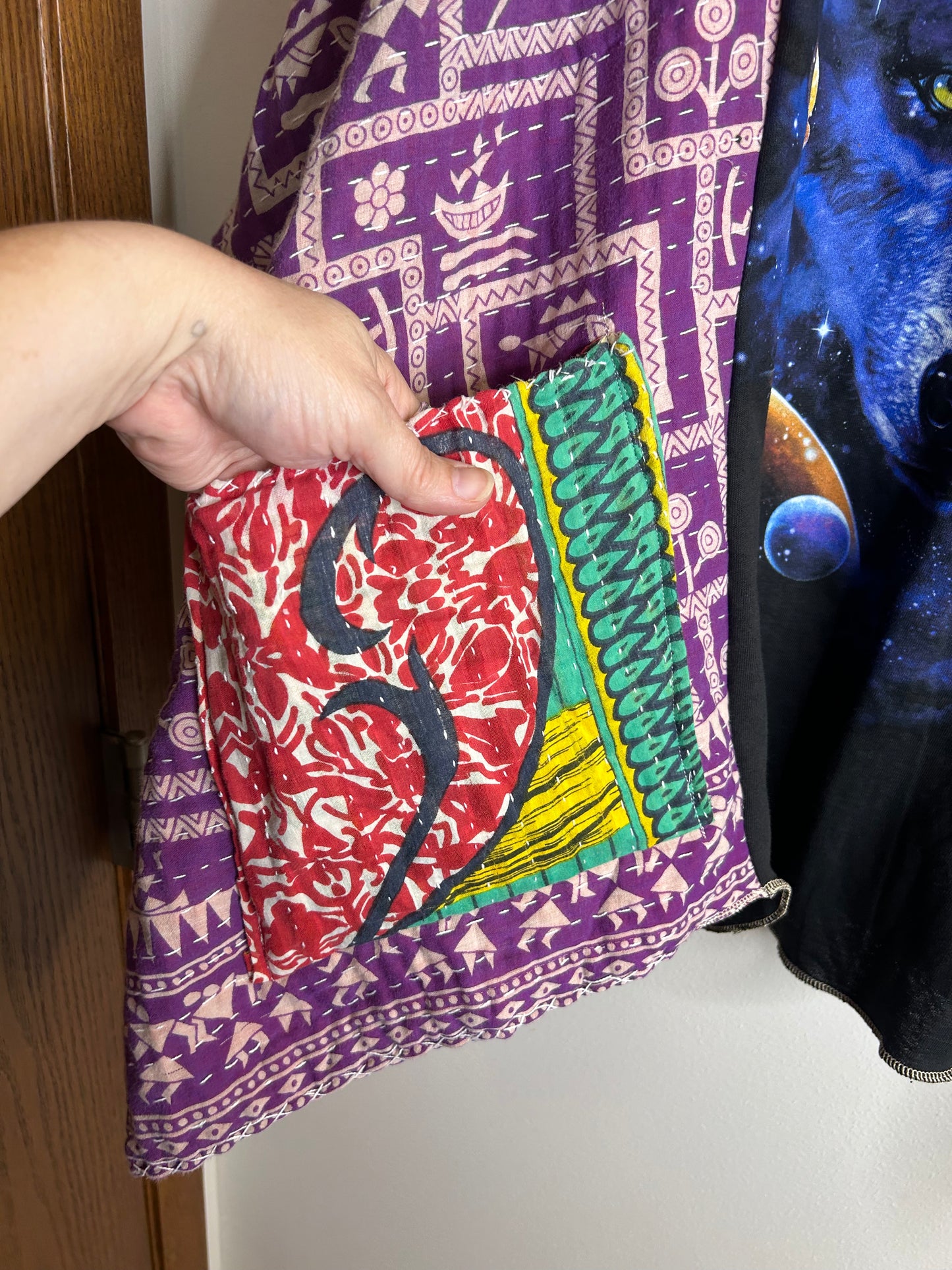 Cosmic Wolf upcycled kantha poncho
