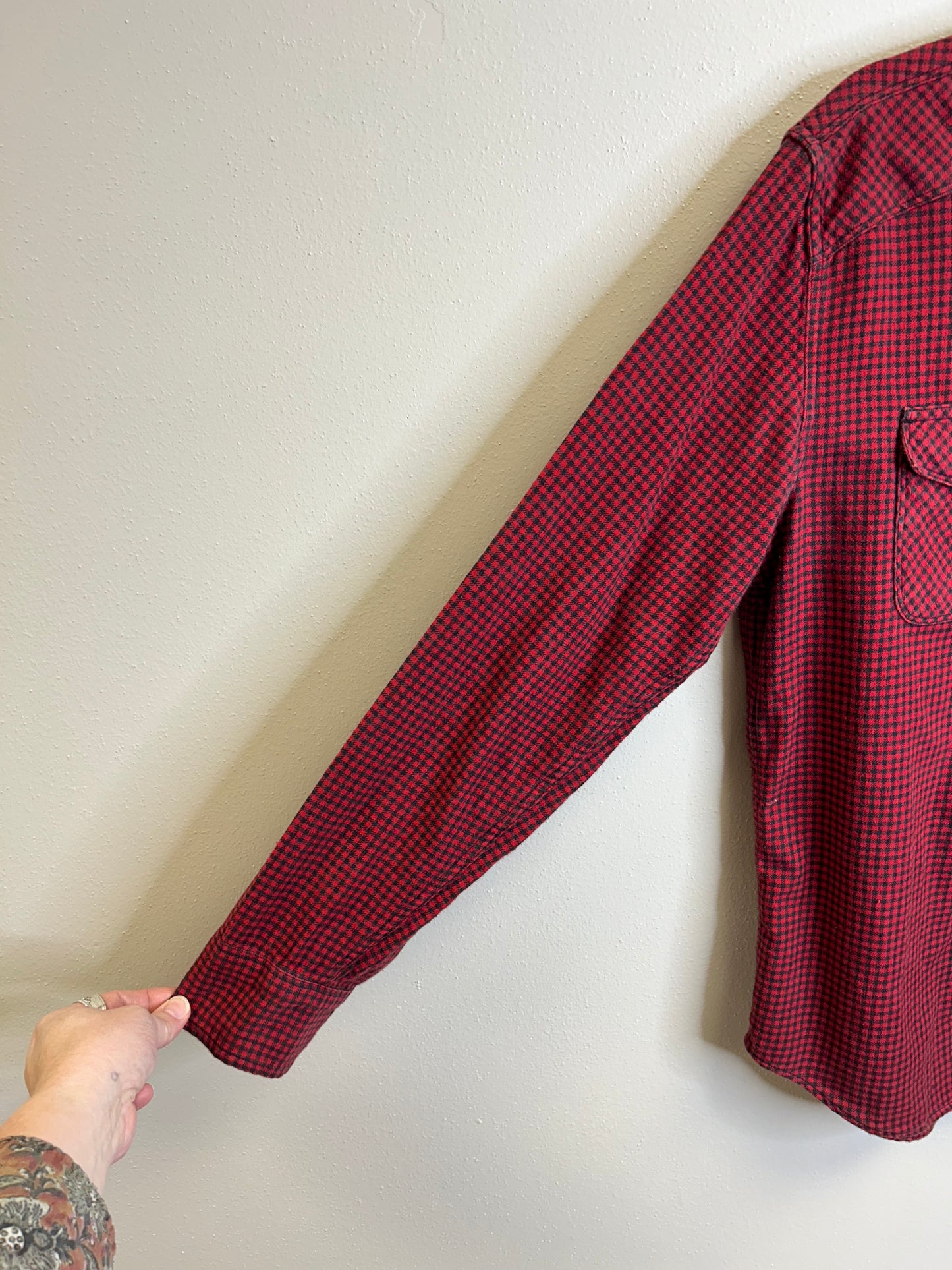 Dashing Through the Snow upcycled flannel shirt unisex size M red black