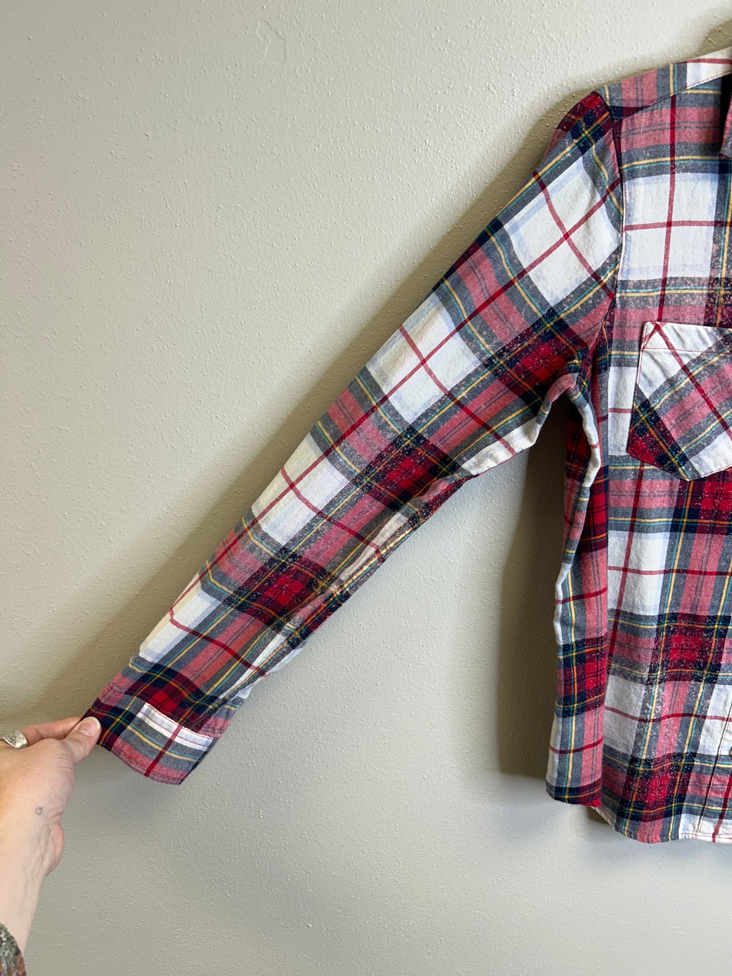 Red Doily Upcycled flannel shirt women’s size S red white