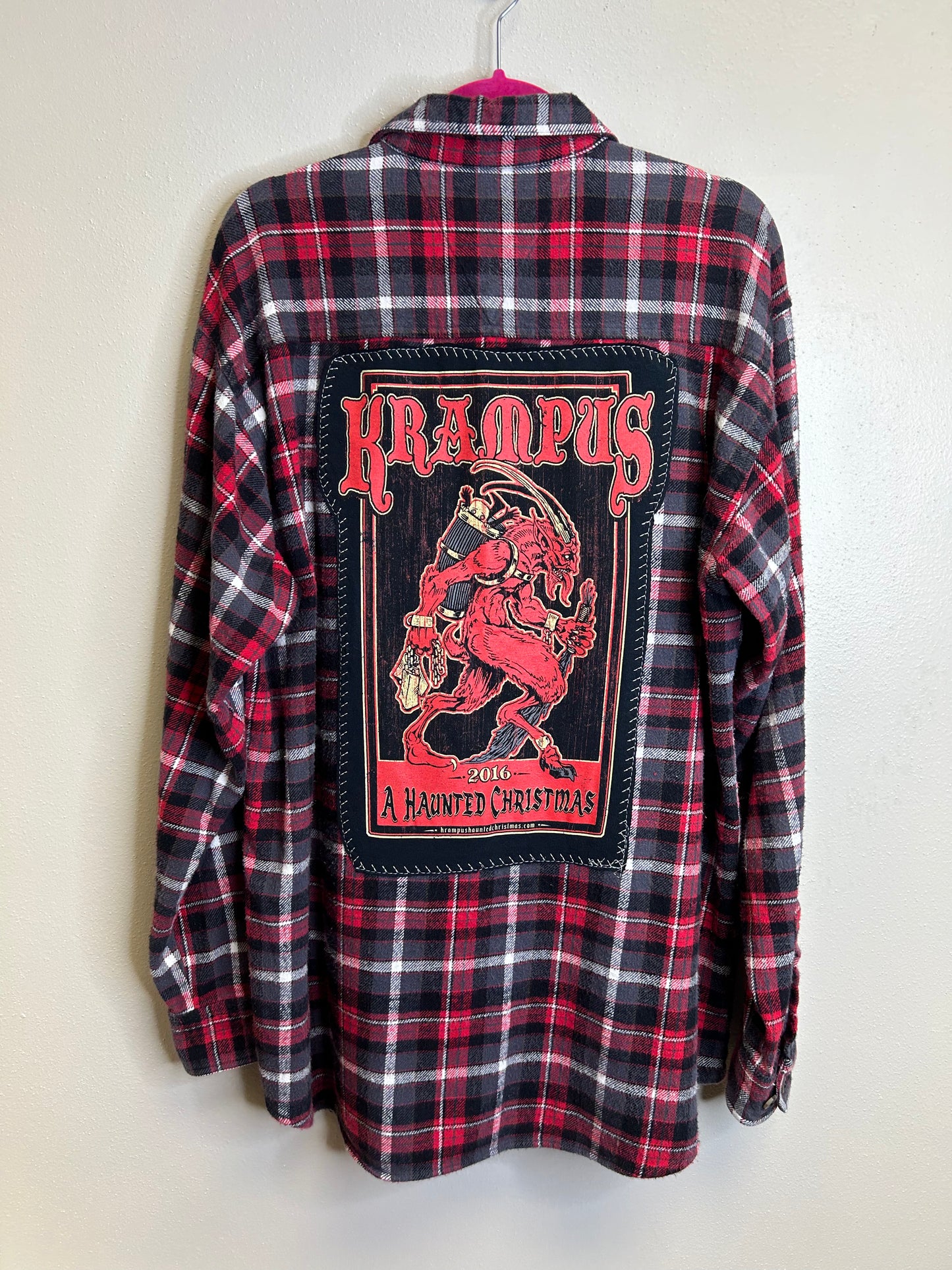 Krampus upcycled flannel shirt unisex size L red black