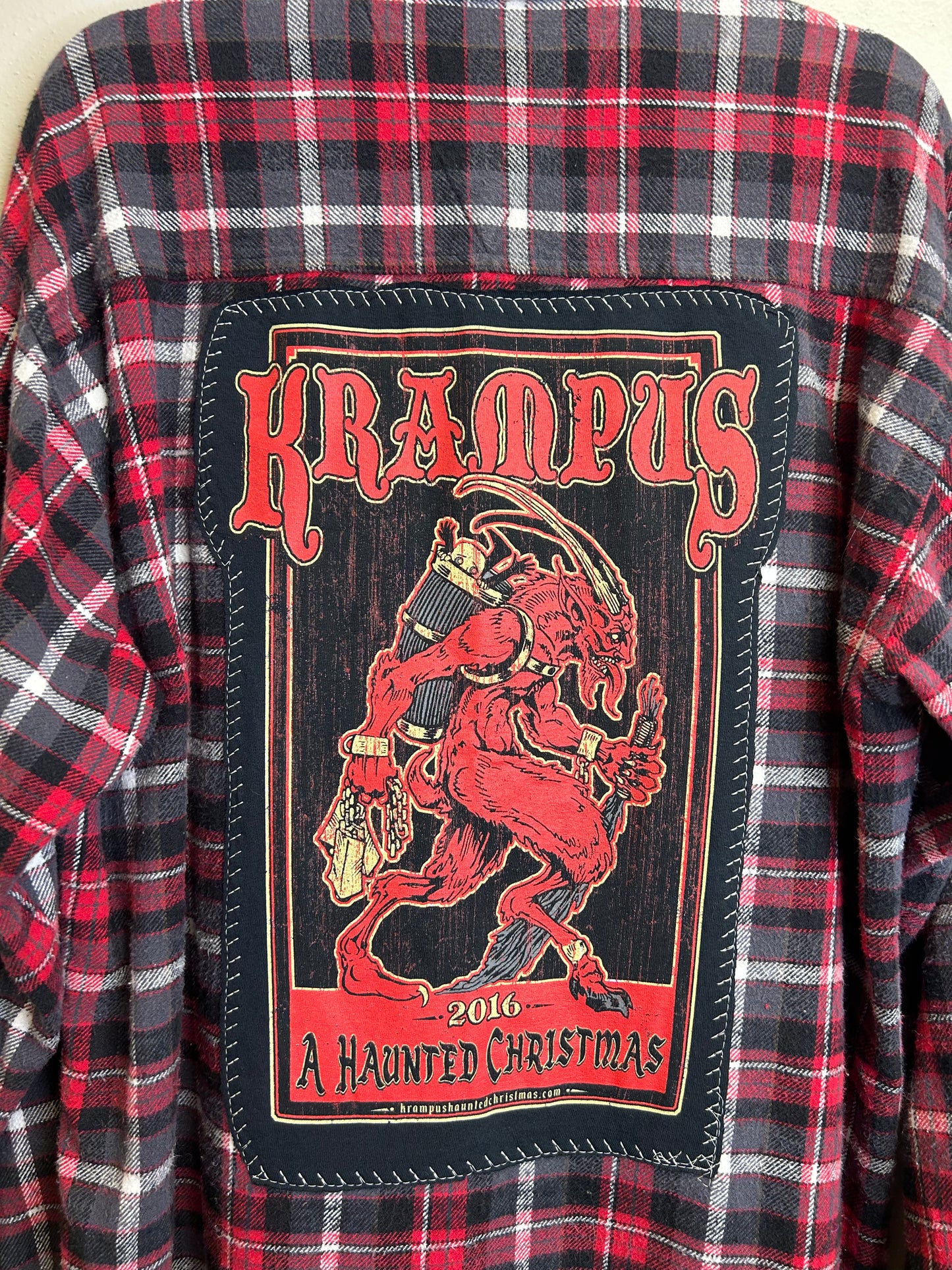 Krampus upcycled flannel shirt unisex size L red black