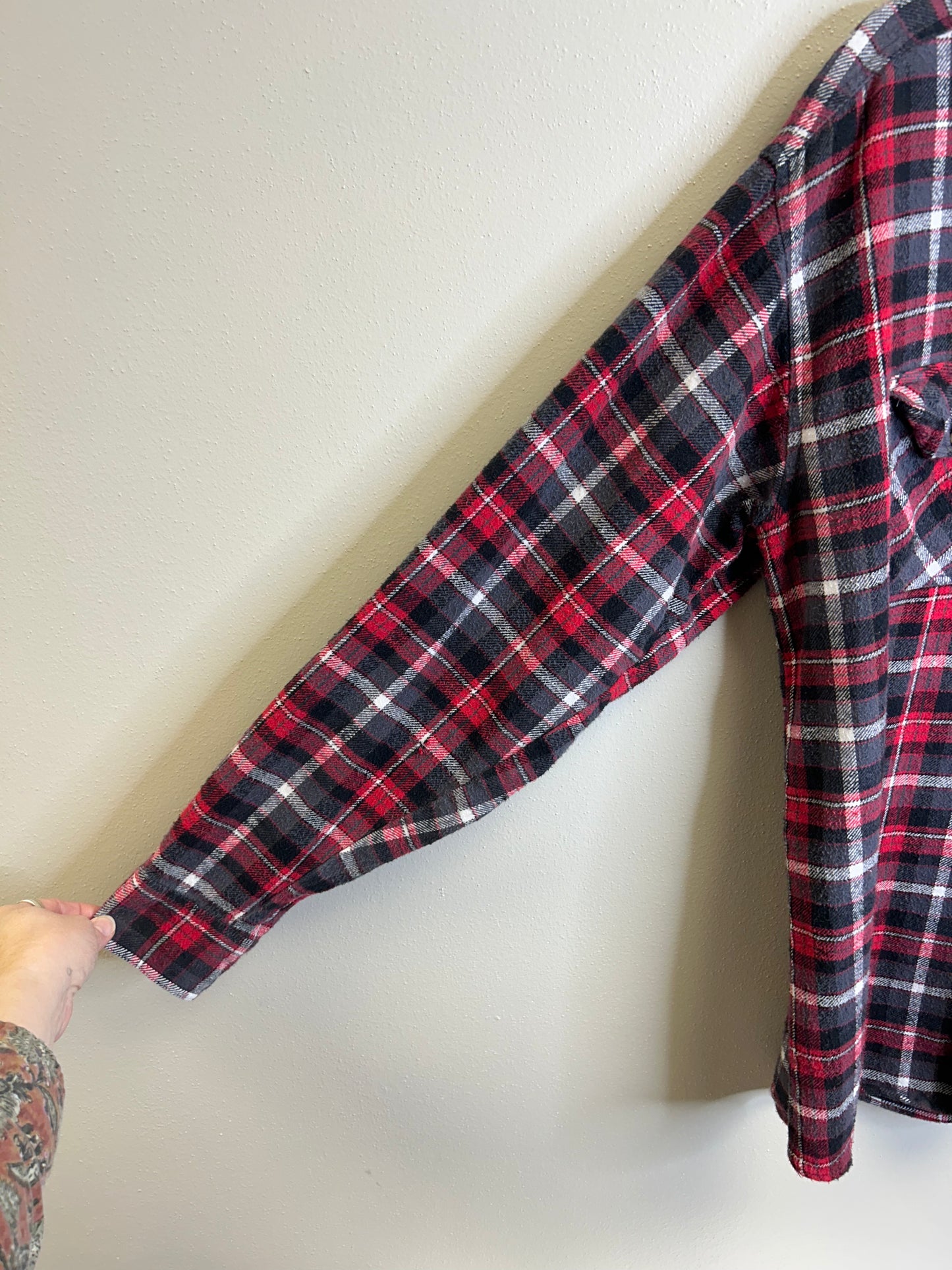 Krampus upcycled flannel shirt unisex size L red black