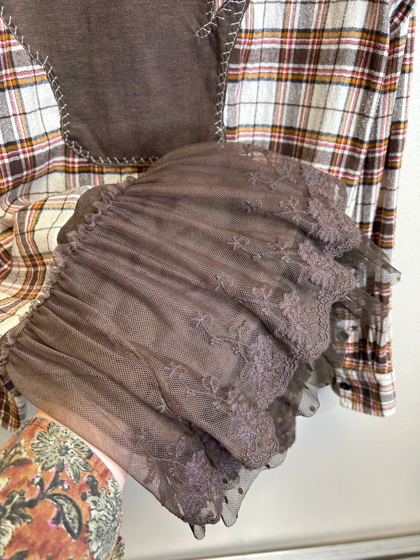 Wisconsin upcycled flannel shirt with ruffles unisex size S brown white