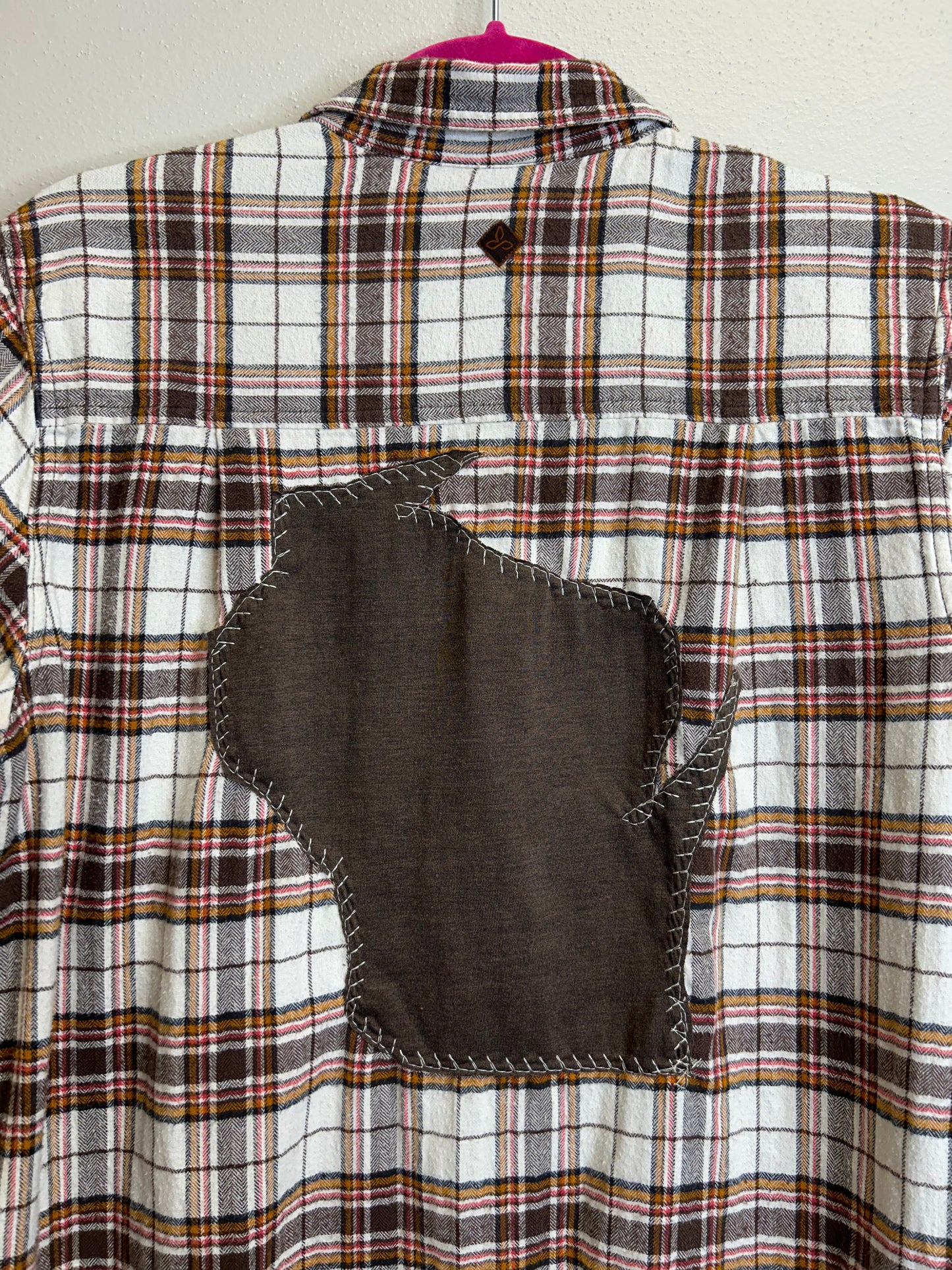 Wisconsin upcycled flannel shirt with ruffles unisex size S brown white