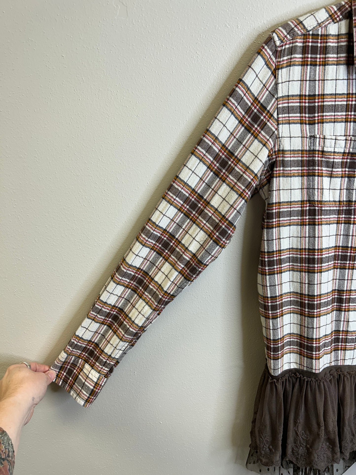 Wisconsin upcycled flannel shirt with ruffles unisex size S brown white