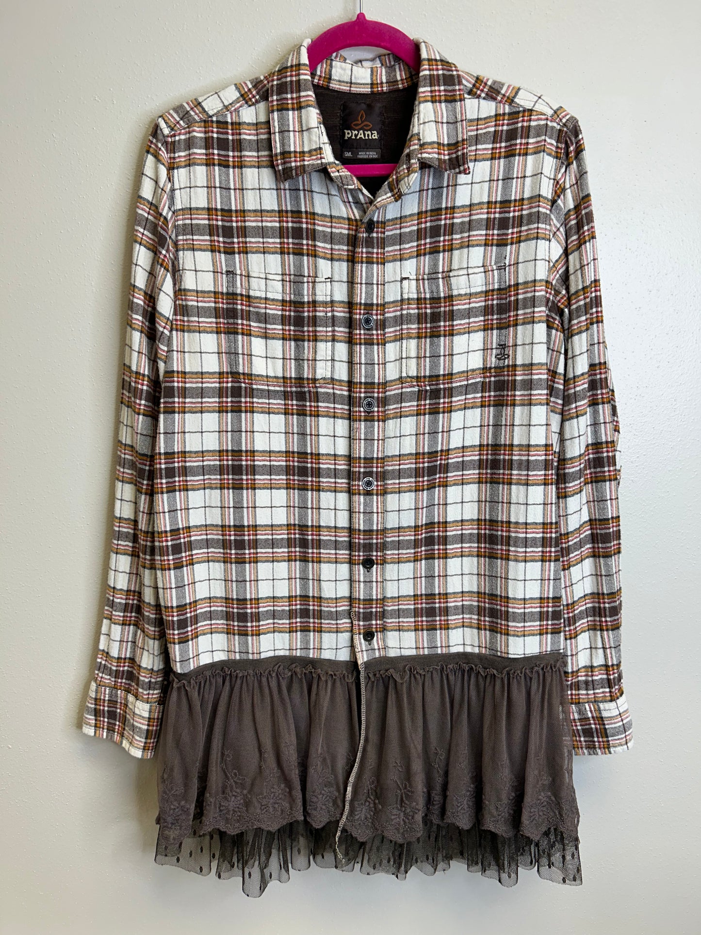 Wisconsin upcycled flannel shirt with ruffles unisex size S brown white