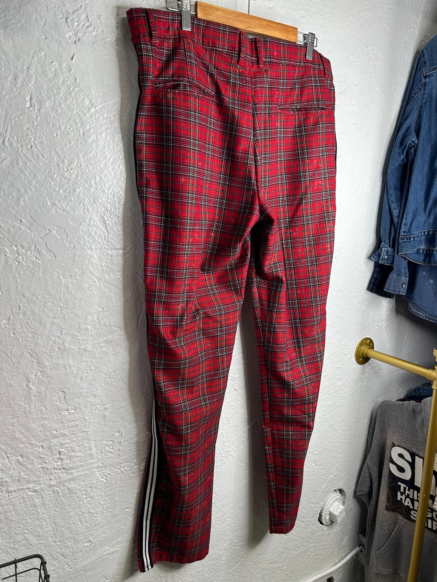 Plaid pants upcycled red black size 38 Large