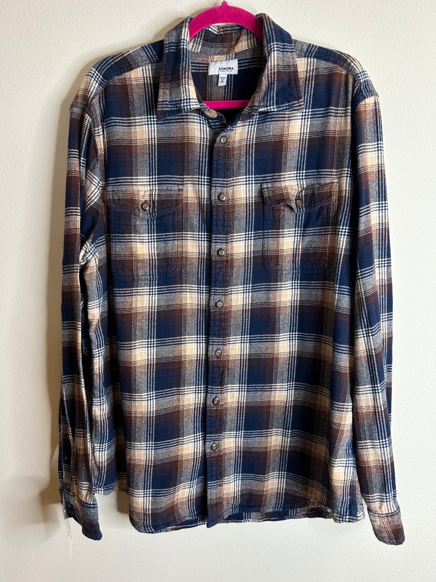 Ford Bronco upcycled flannel shirt unisex size XL brown blue