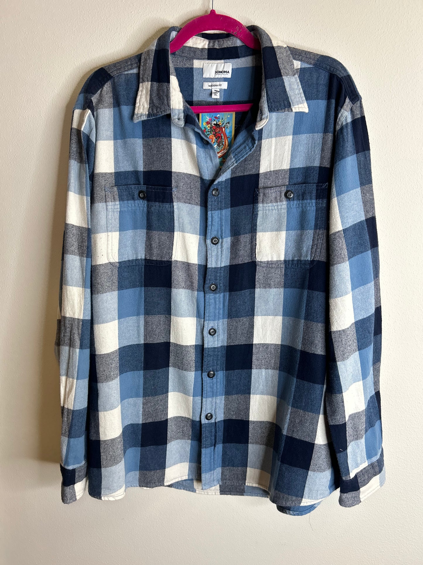 Def Leppard upcycled flannel shirt unisex size XL blue