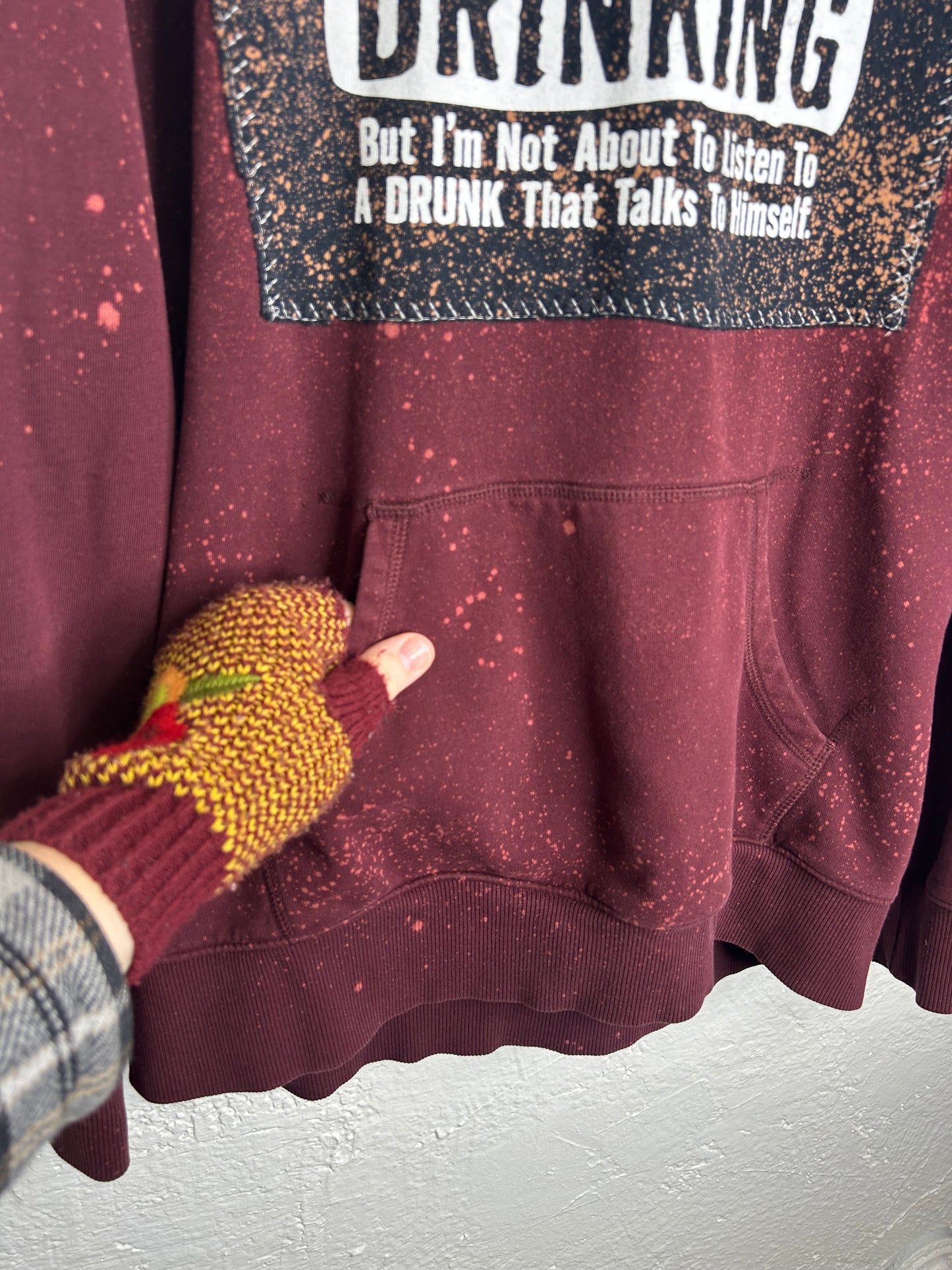 Stop Drinking upcycled hoodie unisex size L maroon black