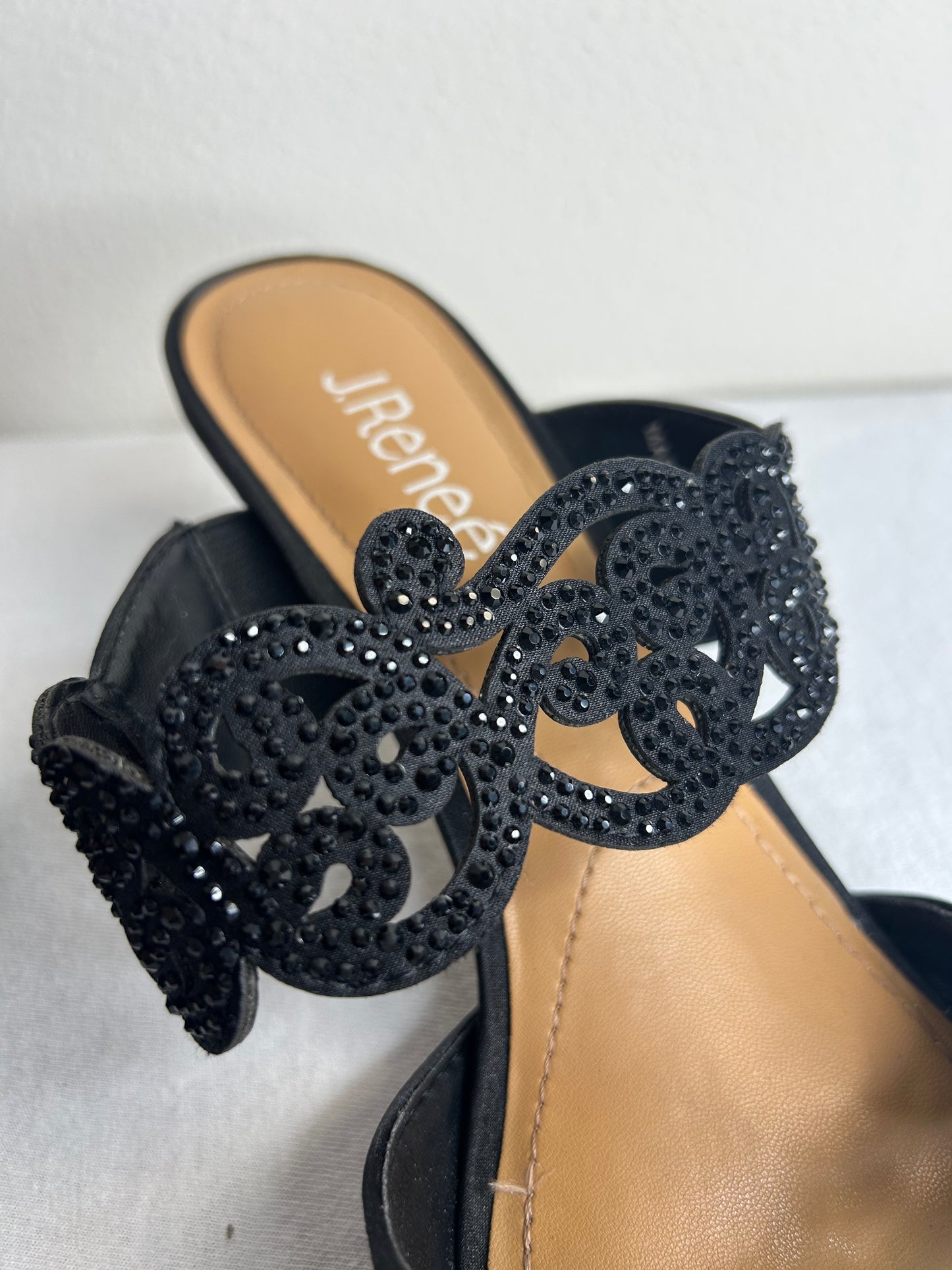 J. Renee Francie evening sandal in black satin fabric with rhinestone detailing. Womens 8.5W