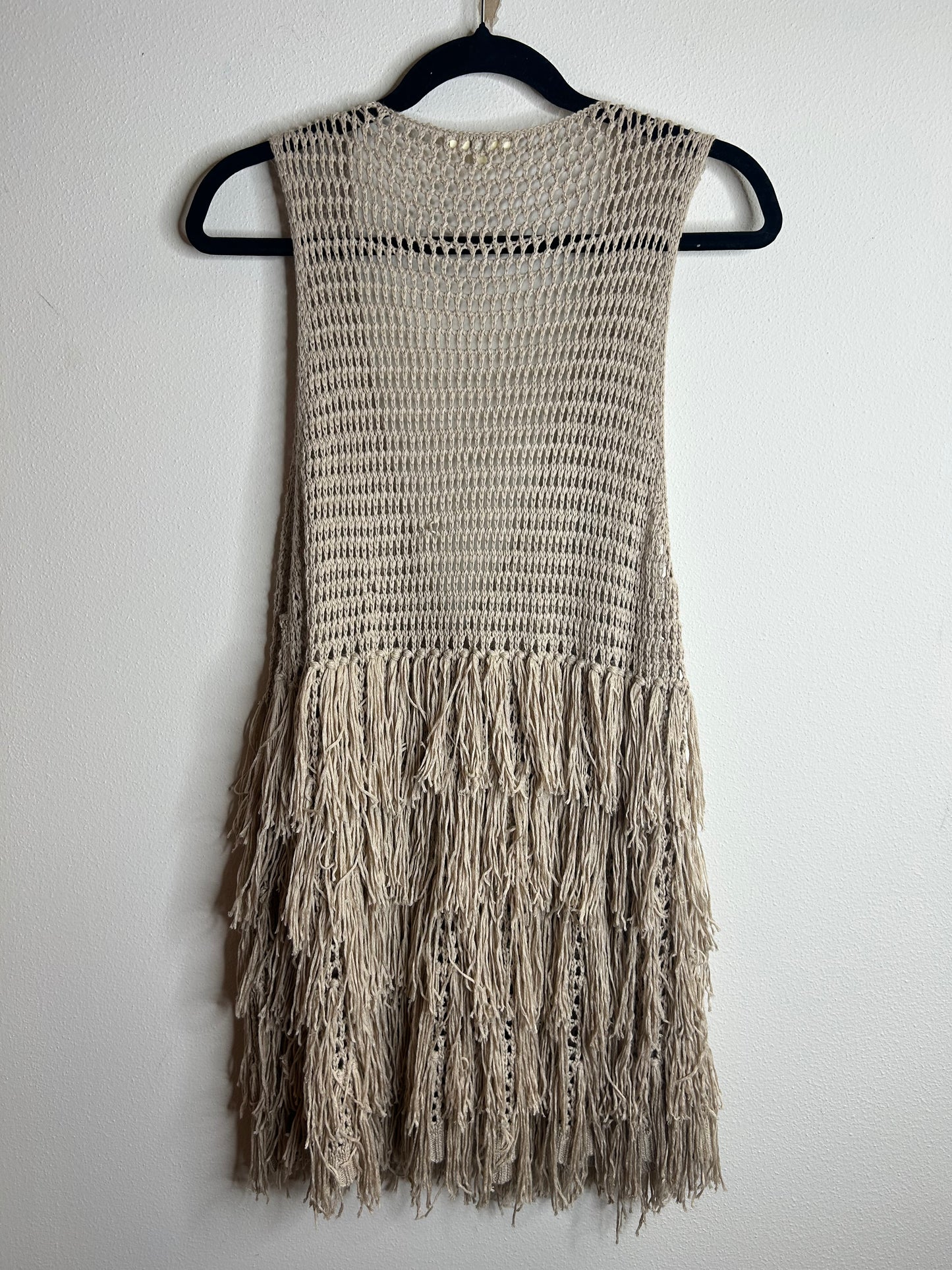 Kori America women’s M/L boho hippie crotchet beige tan fringe long vest