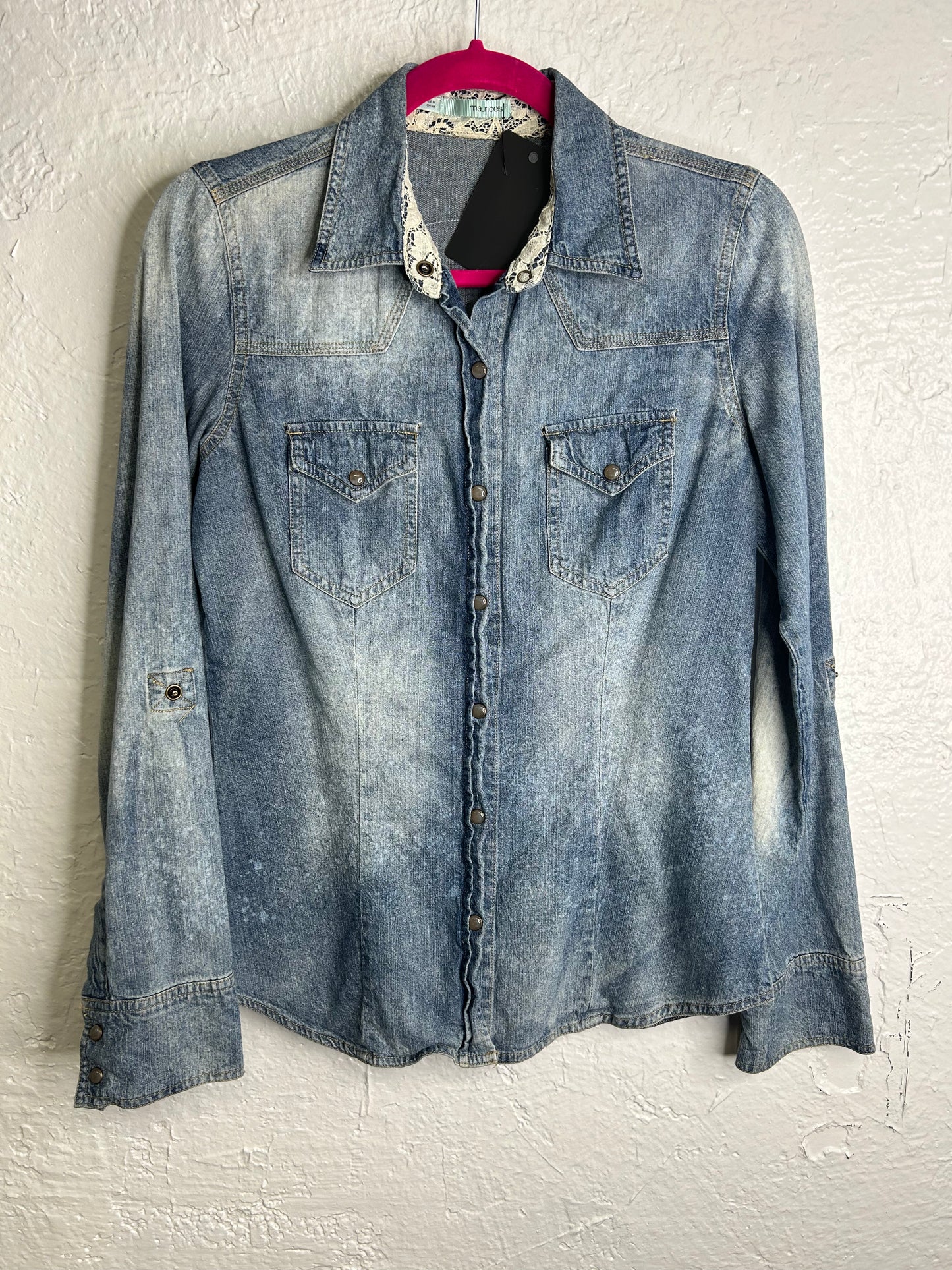 lotus flower moon phases denim shirt blue pink womens size S