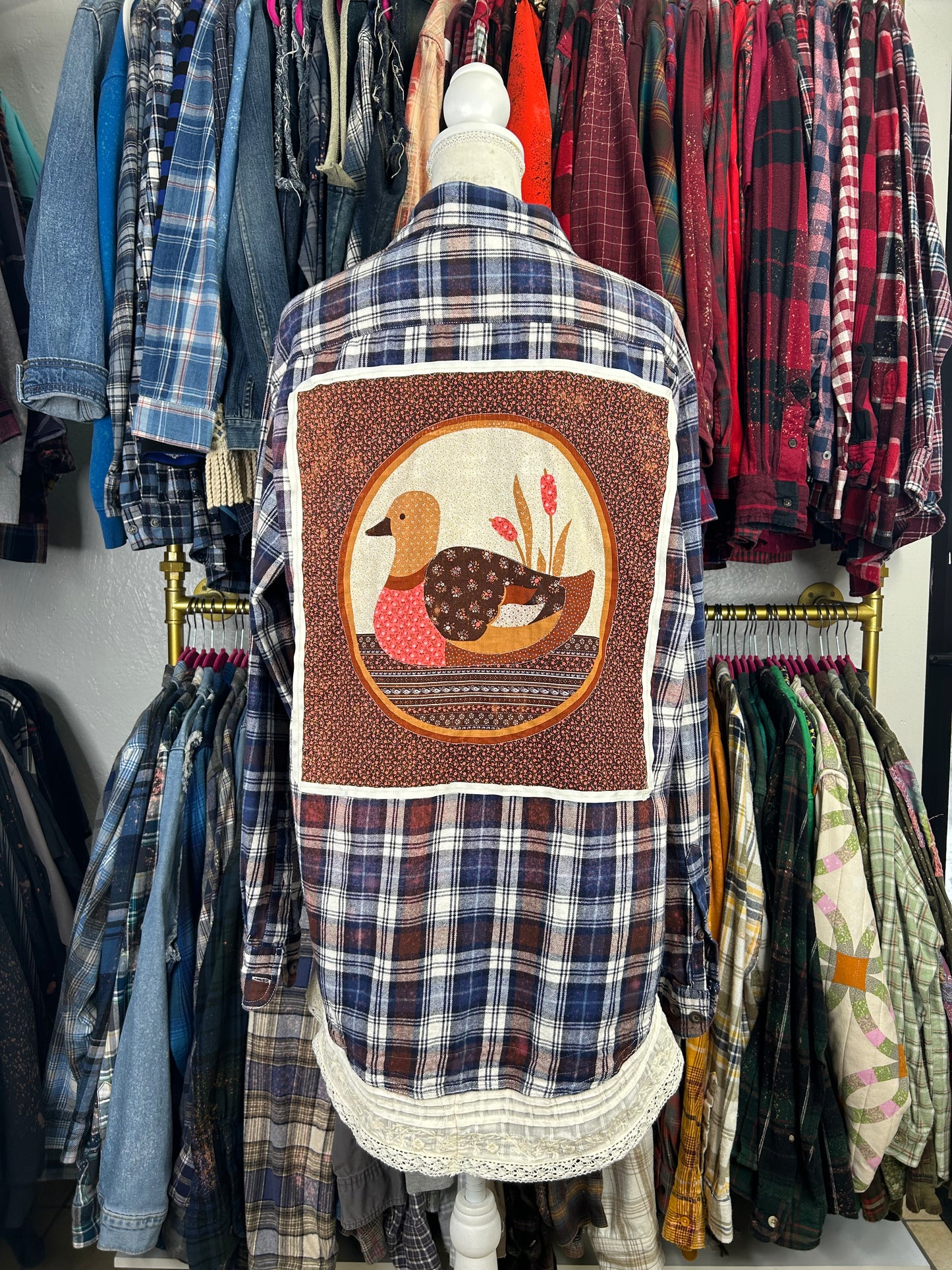 Duck upcycled flannel shirt unisex/mens size L blue brown