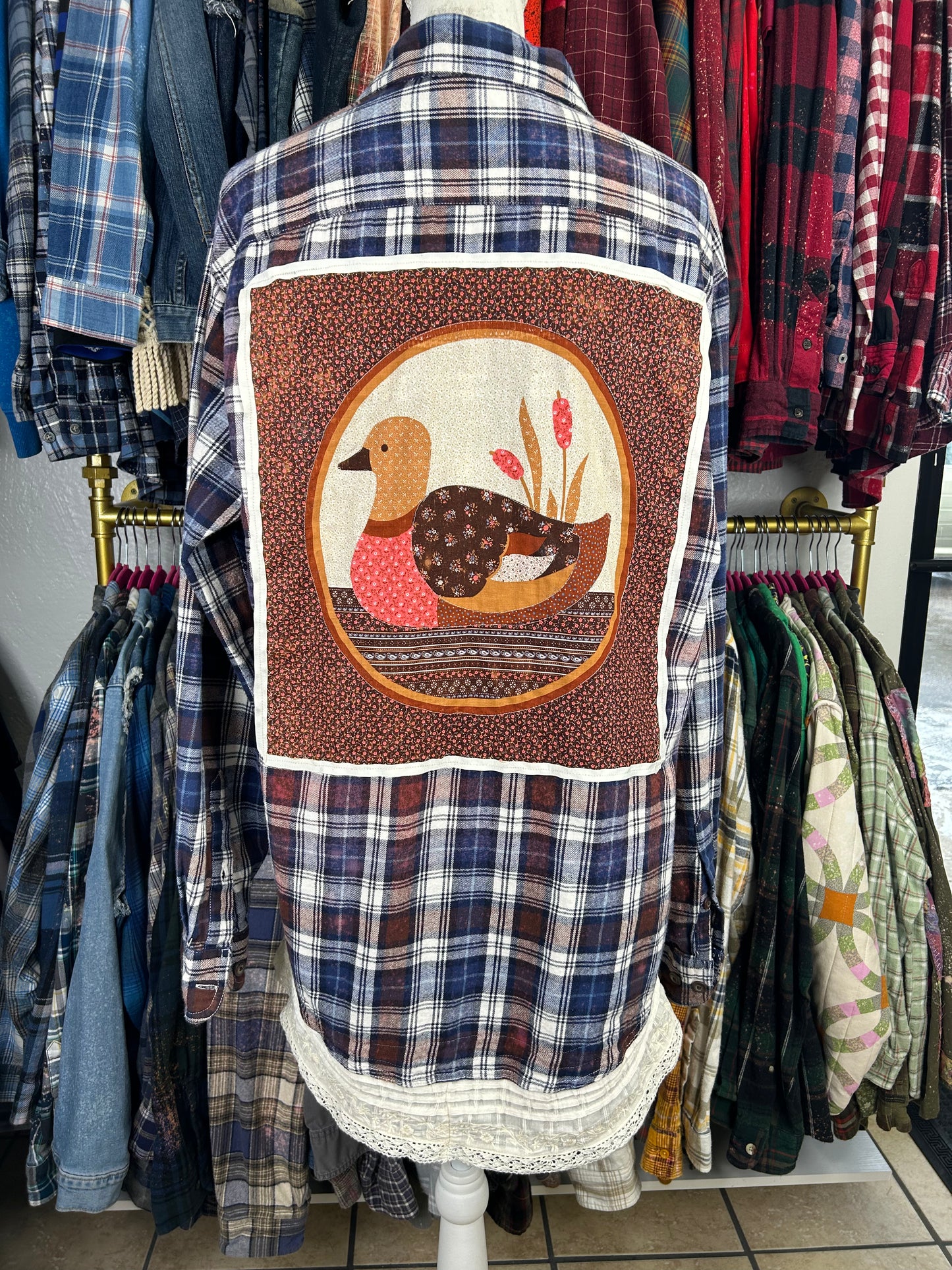 Duck upcycled flannel shirt unisex/mens size L blue brown