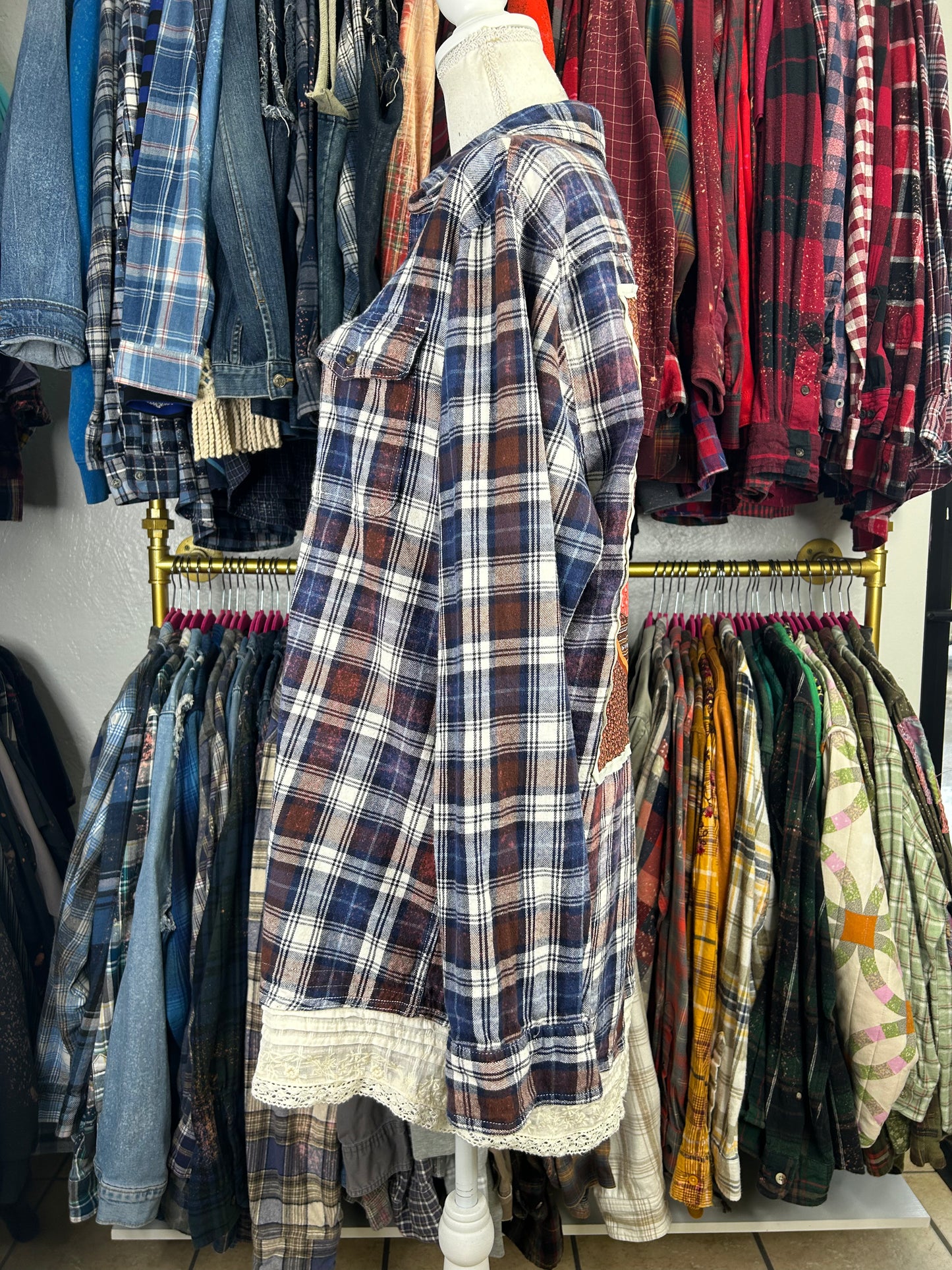 Duck upcycled flannel shirt unisex/mens size L blue brown