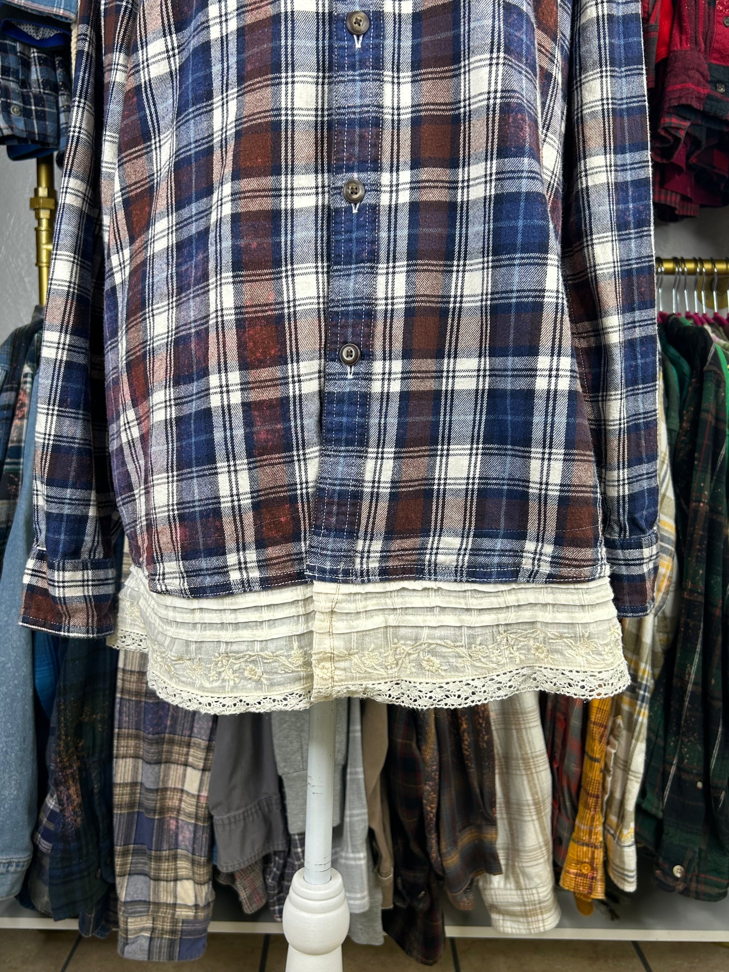 Duck upcycled flannel shirt unisex/mens size L blue brown