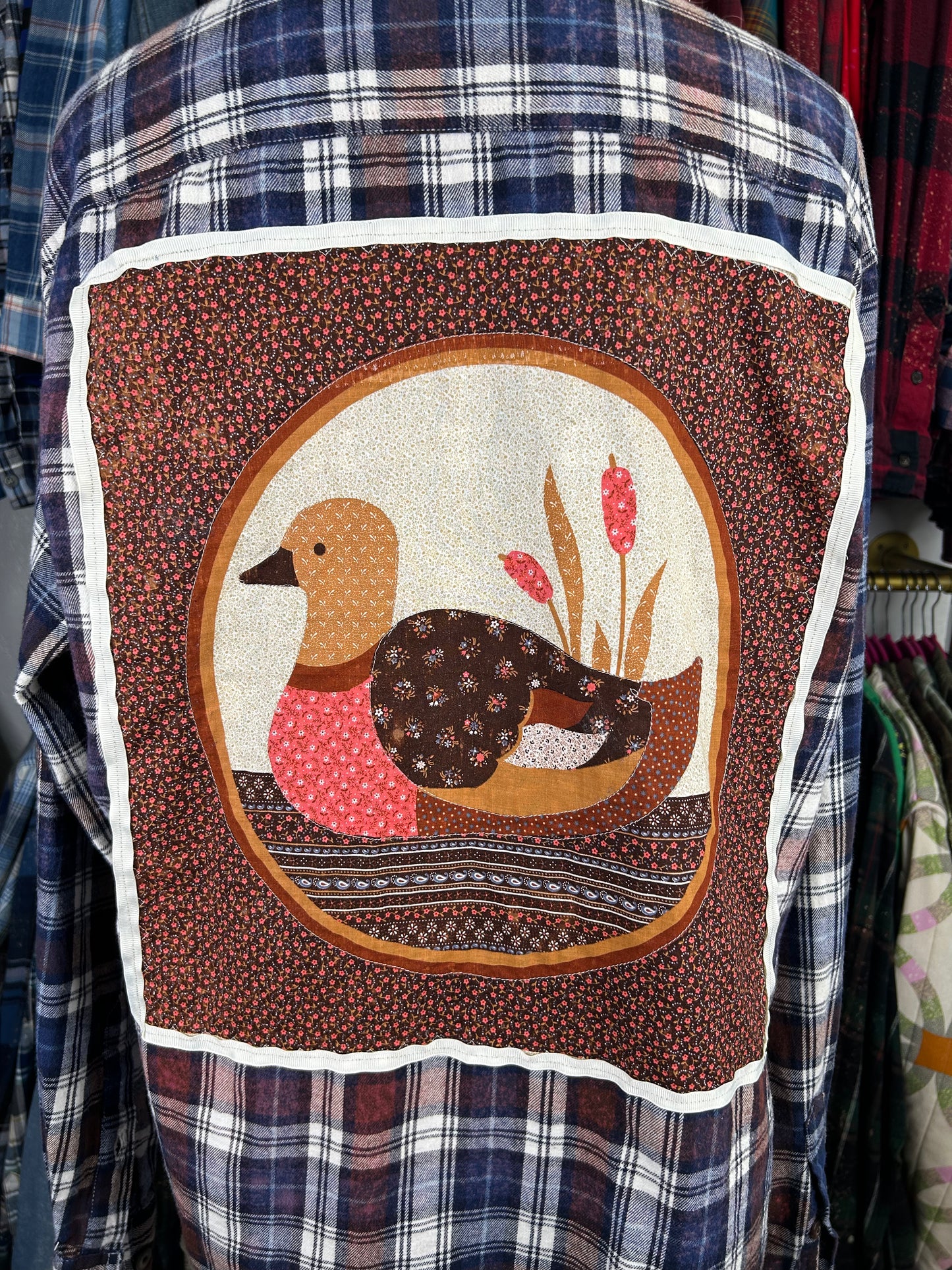 Duck upcycled flannel shirt unisex/mens size L blue brown