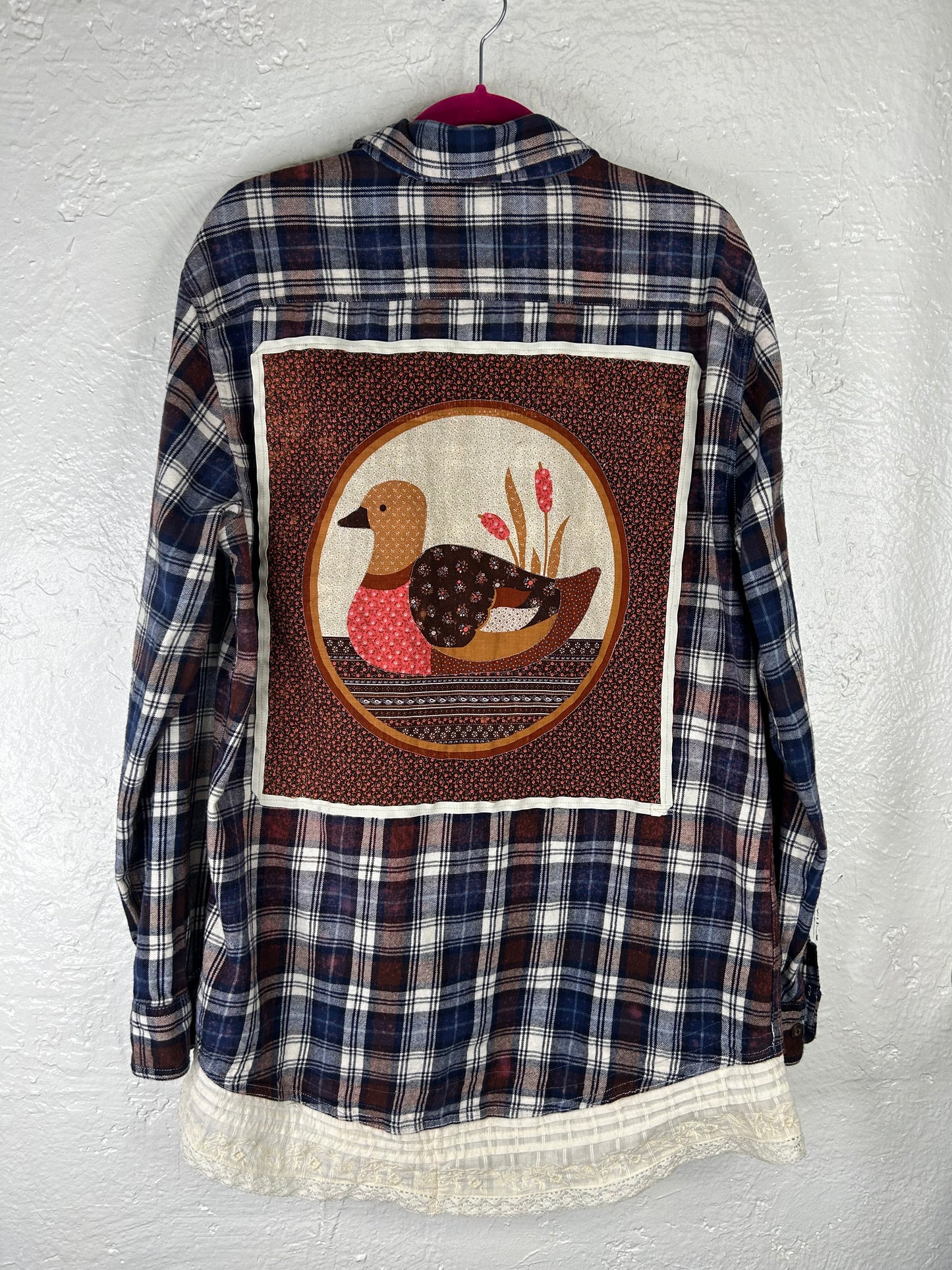 Duck upcycled flannel shirt unisex/mens size L blue brown