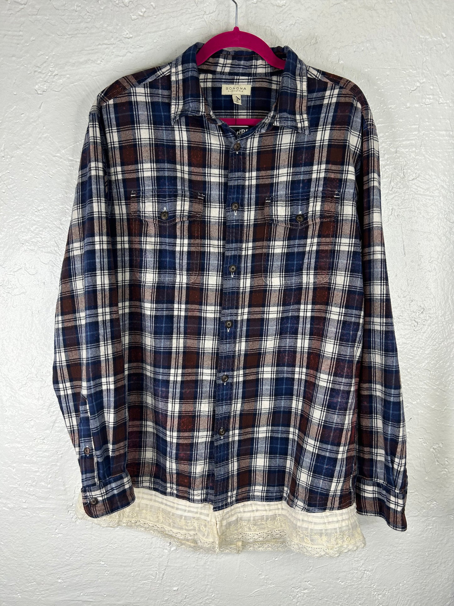 Duck upcycled flannel shirt unisex/mens size L blue brown