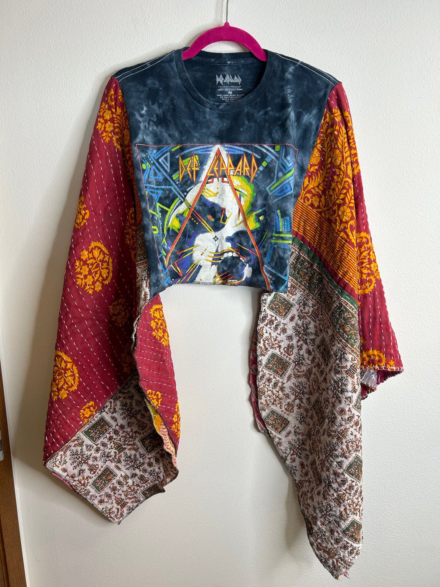 Def Leppard cropped upcycled kantha poncho