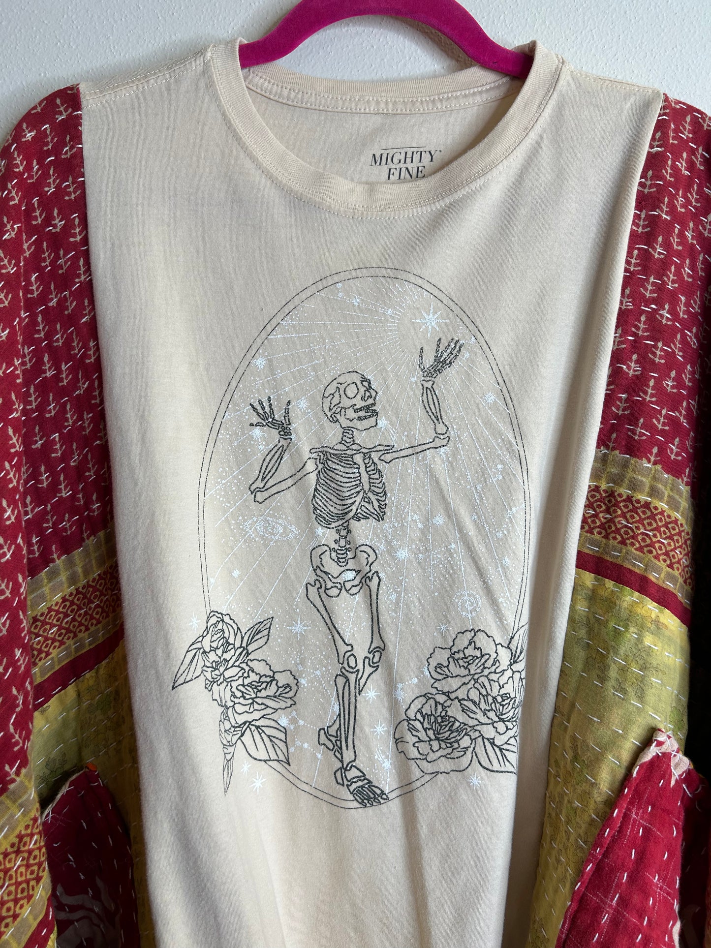 Happy Skeleton upcycled kantha poncho