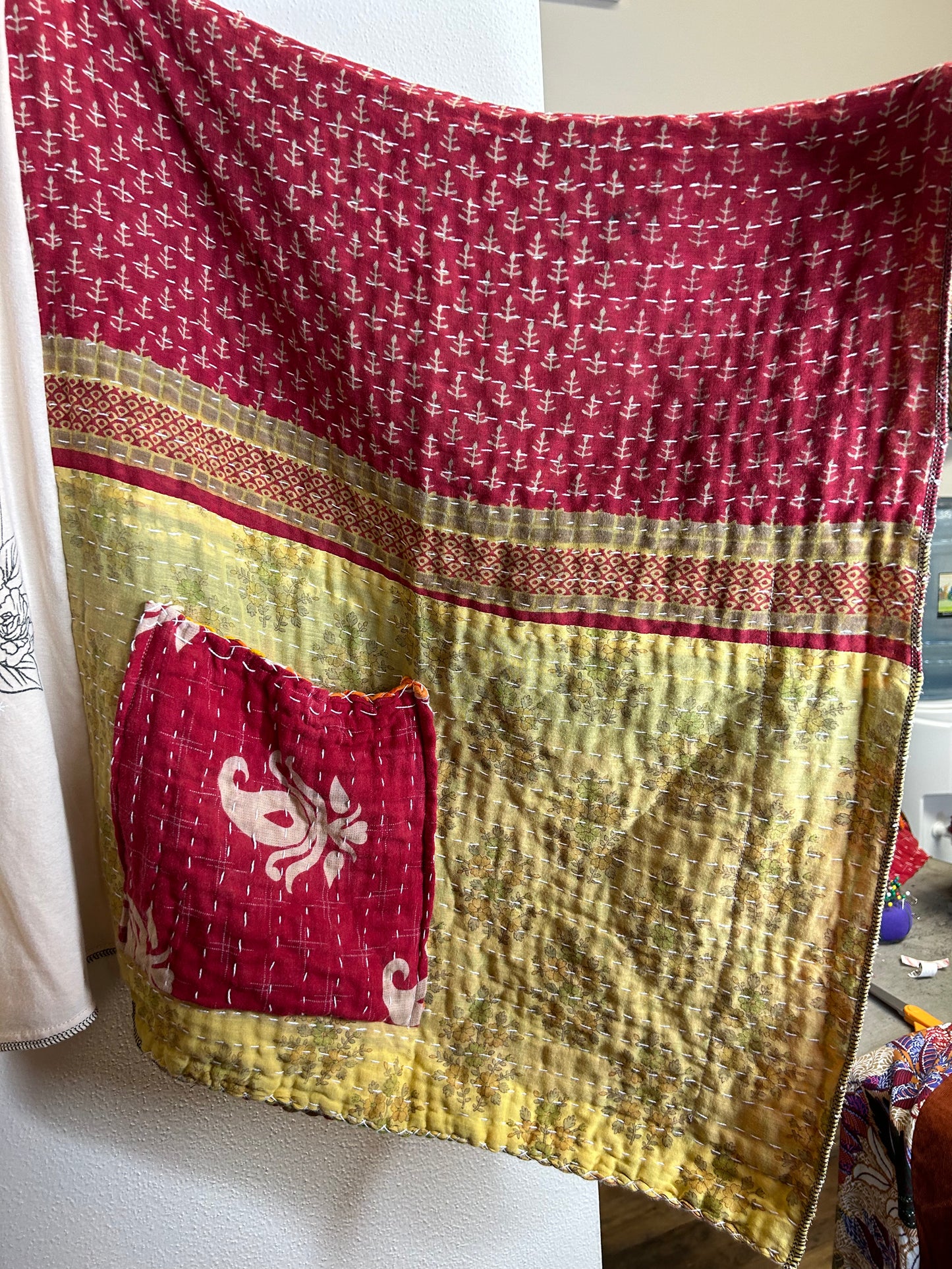Happy Skeleton upcycled kantha poncho