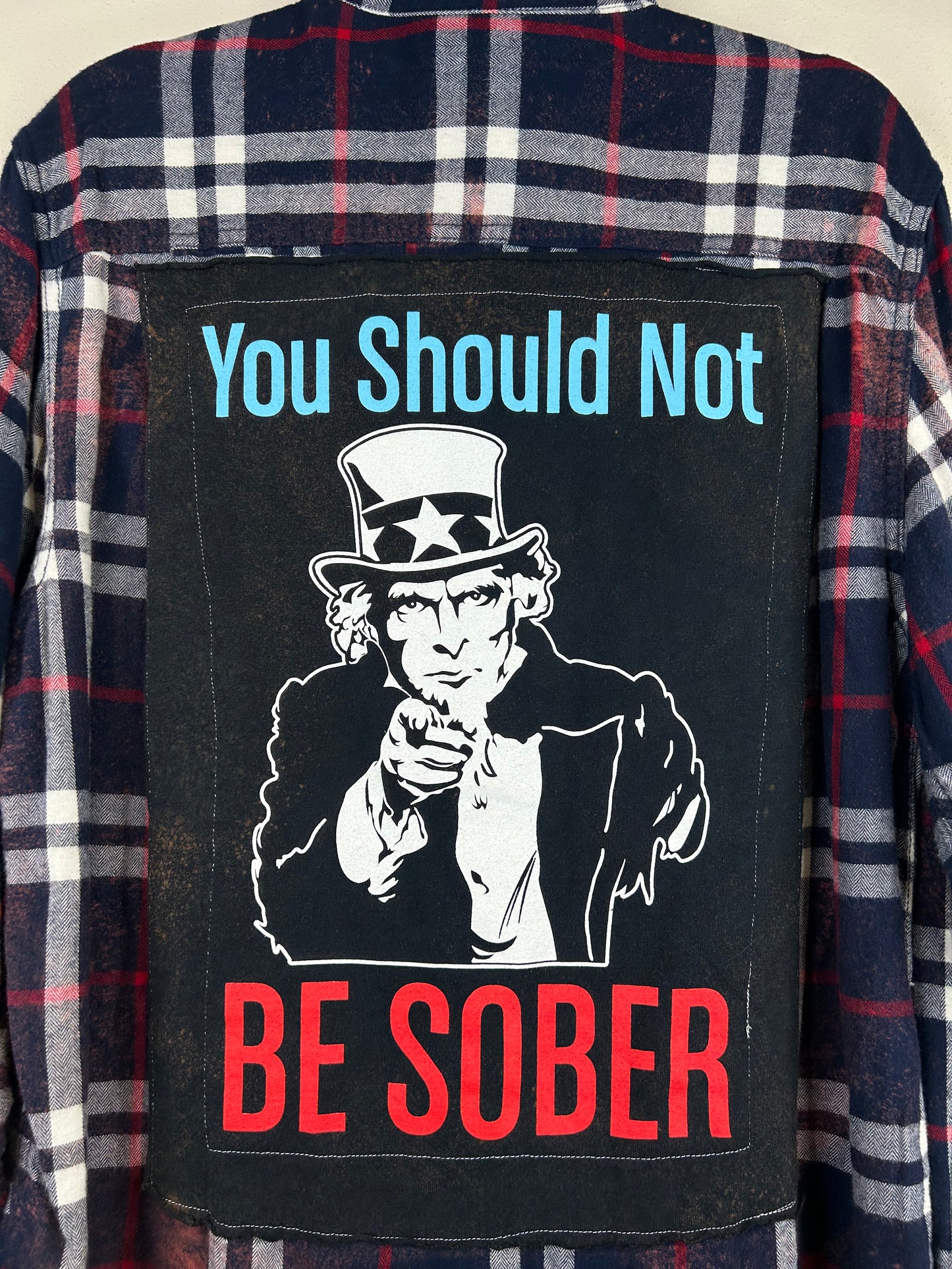 You Should Not Be Sober upcycled flannel shirt unisex size L blue