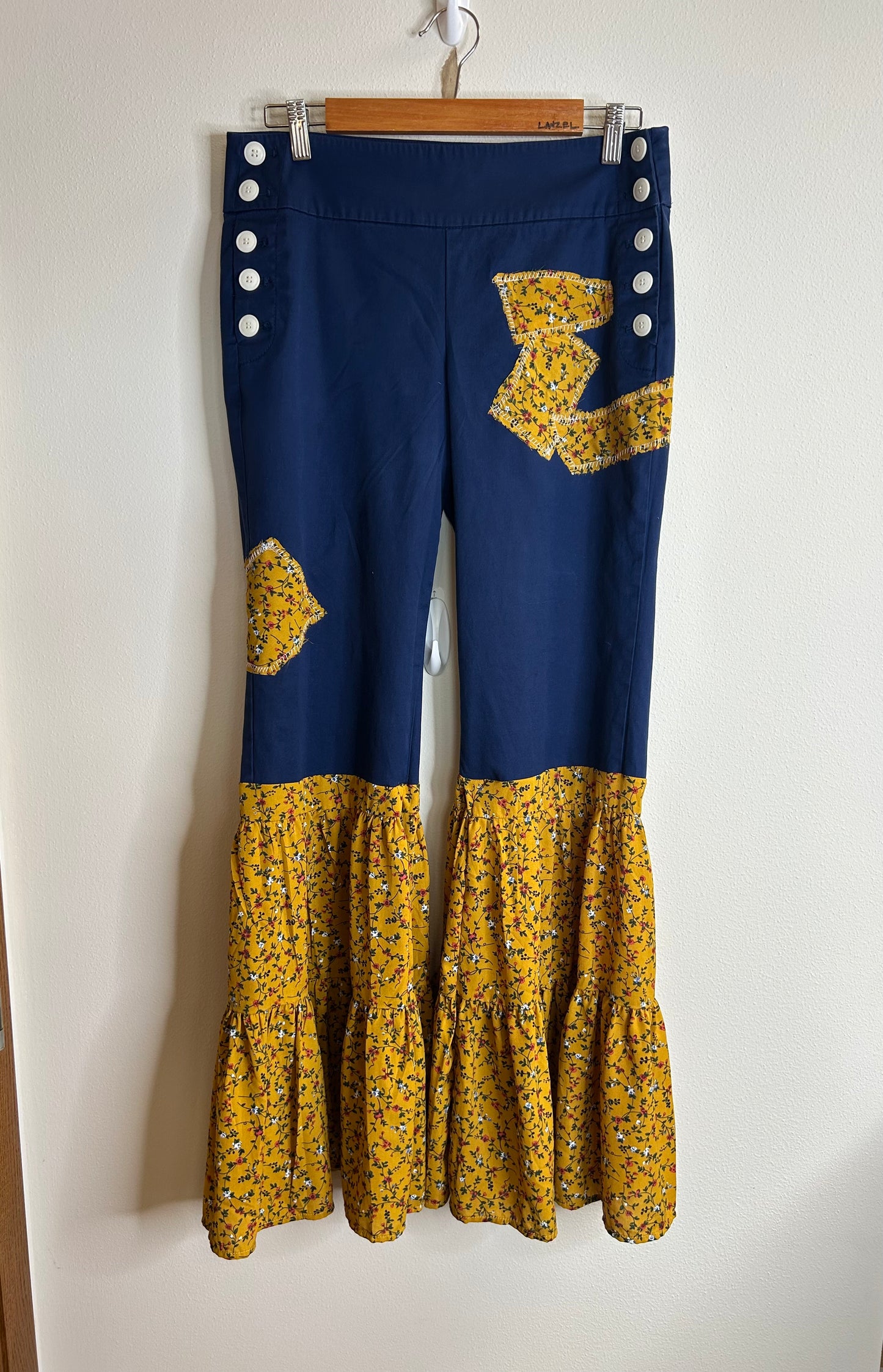 Upcycled flare pants size 8 navy and yellow