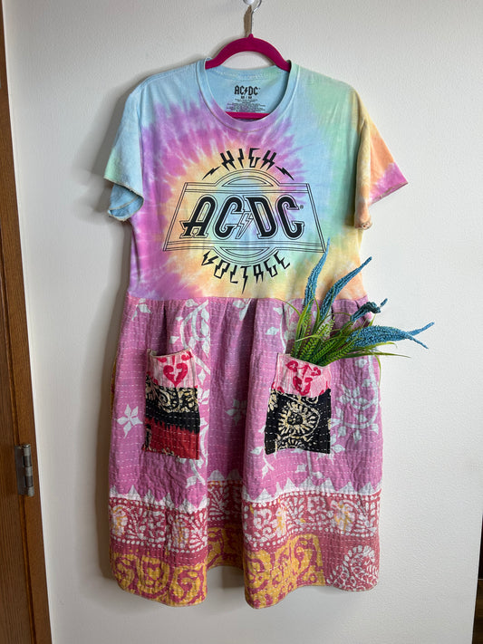 AC/DC upcycled kantha dress size M