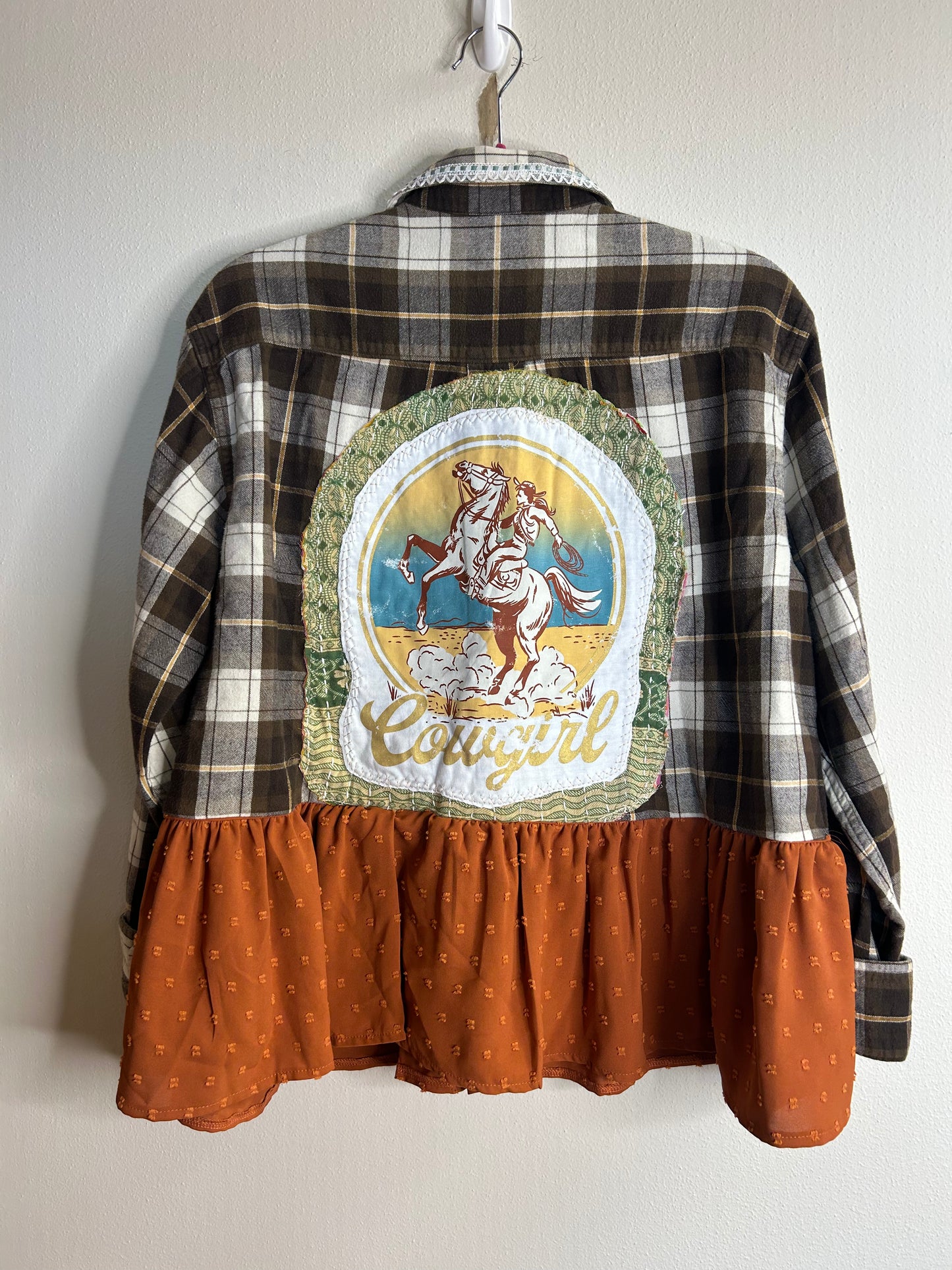 Cowgirl brown upcycled western flannel shirt unisex size M