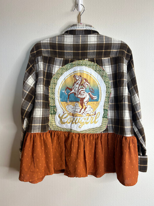 Cowgirl brown upcycled western flannel shirt unisex size M