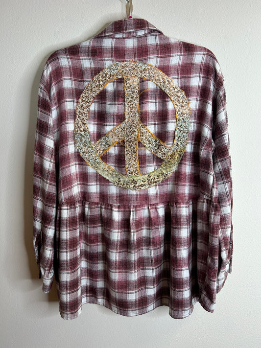 Peace Sign upcycled flannel shirt womens size S
