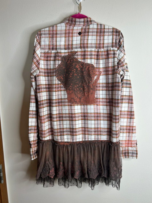 Wisconsin upcycled flannel shirt with ruffles unisex size S brown white