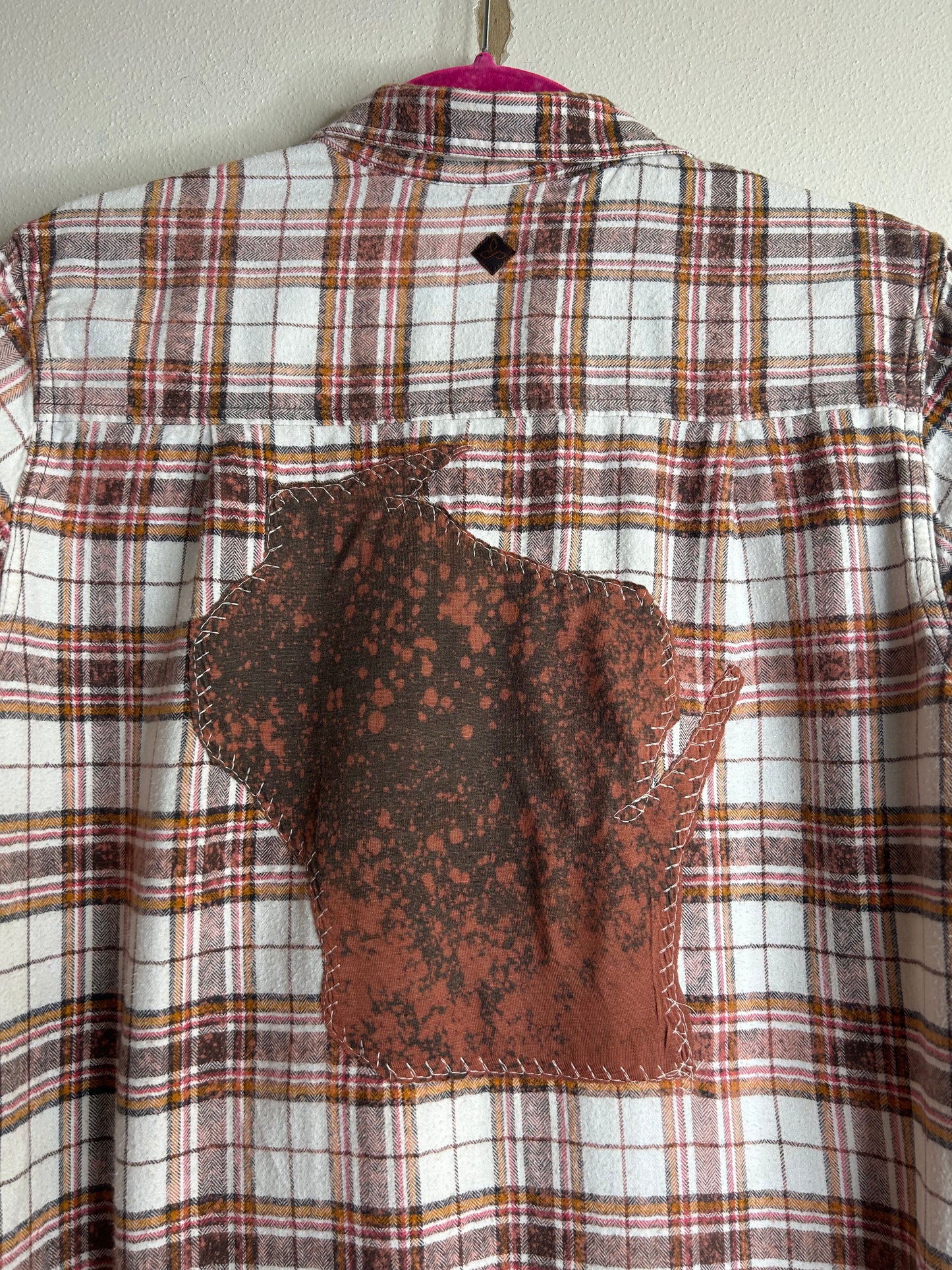 Wisconsin upcycled flannel shirt with ruffles unisex size S brown white