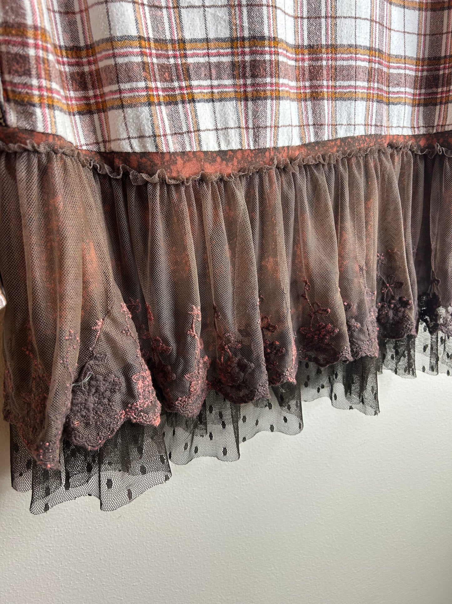 Wisconsin upcycled flannel shirt with ruffles unisex size S brown white