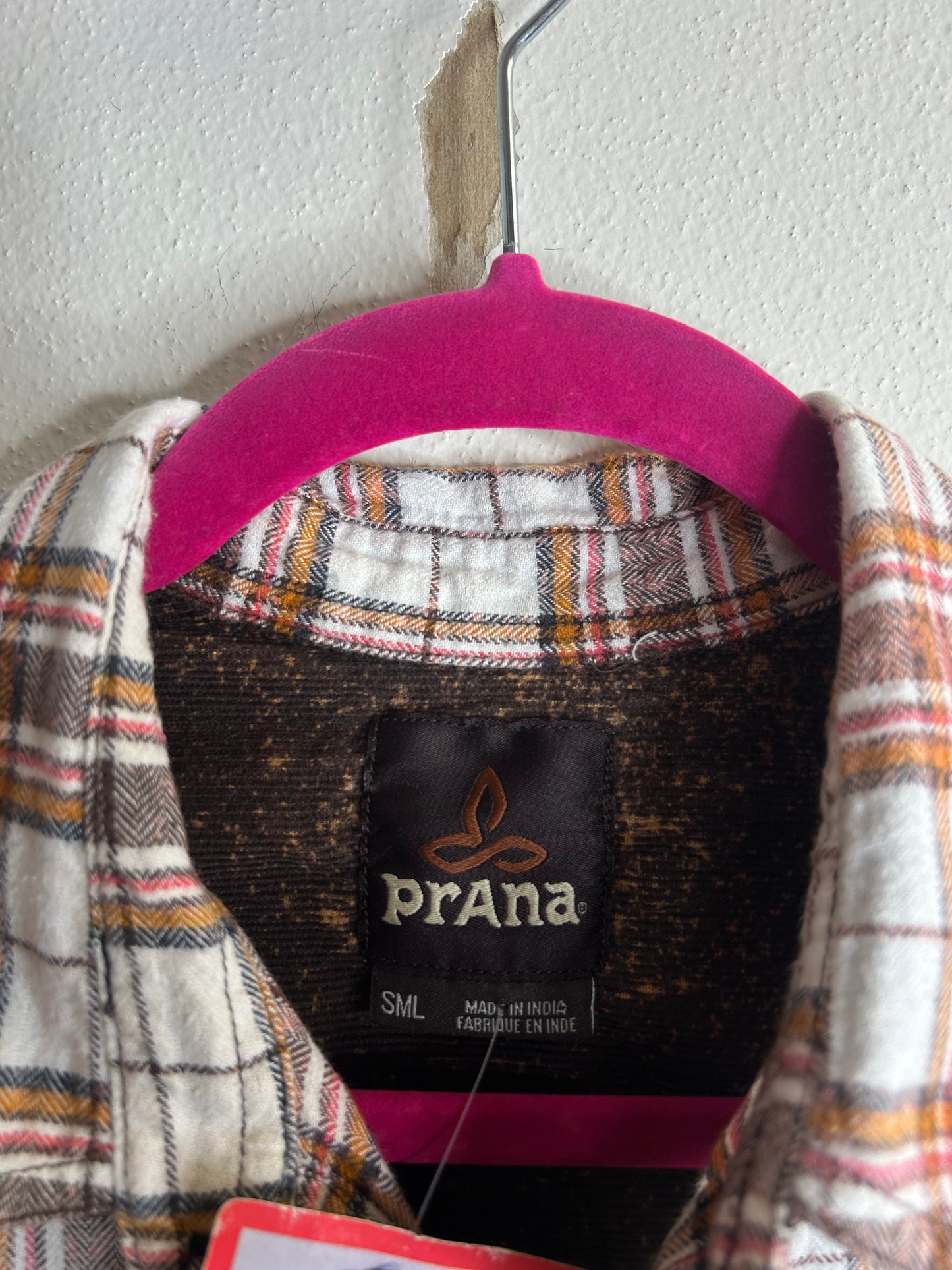 Wisconsin upcycled flannel shirt with ruffles unisex size S brown white