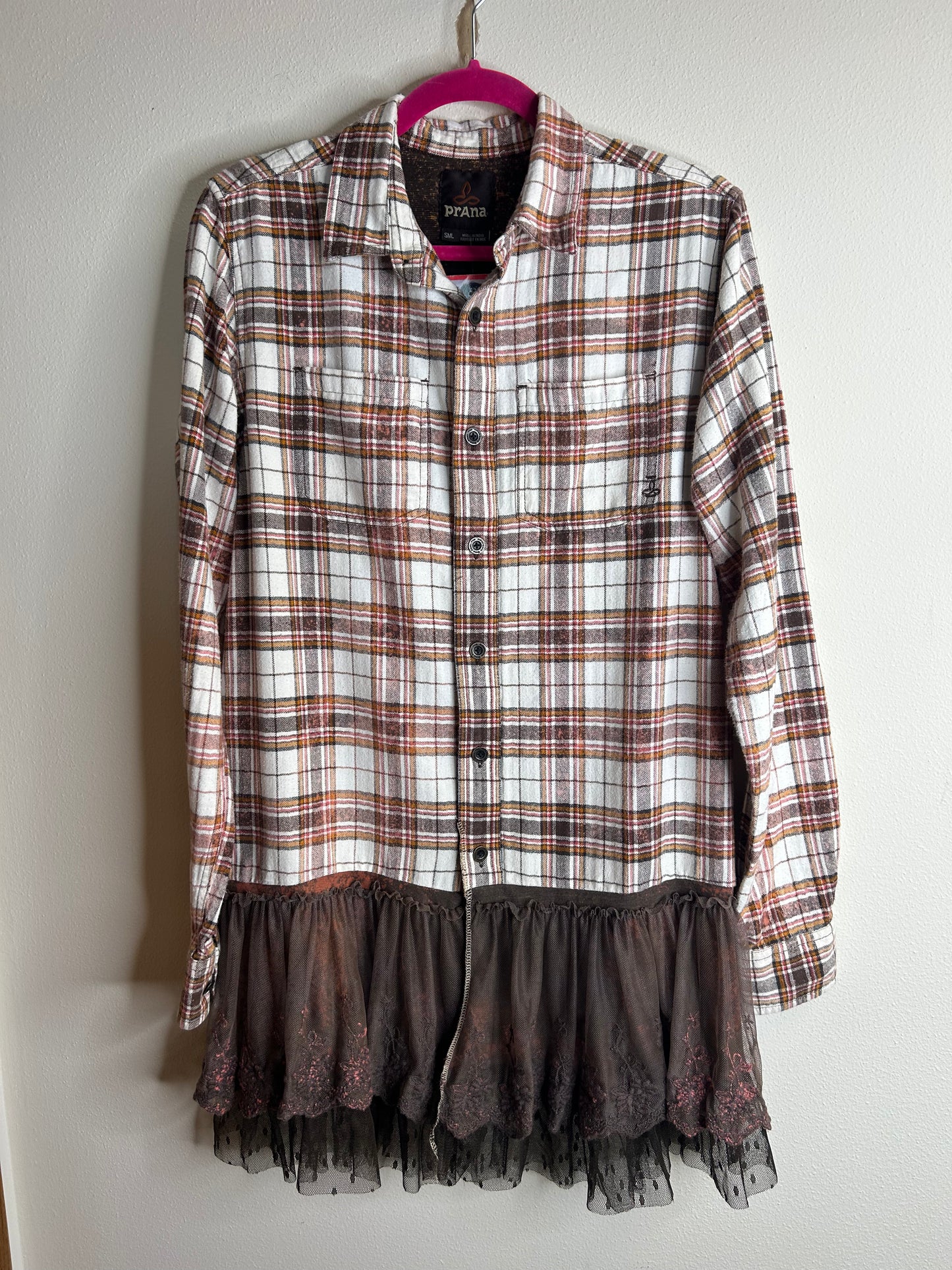 Wisconsin upcycled flannel shirt with ruffles unisex size S brown white