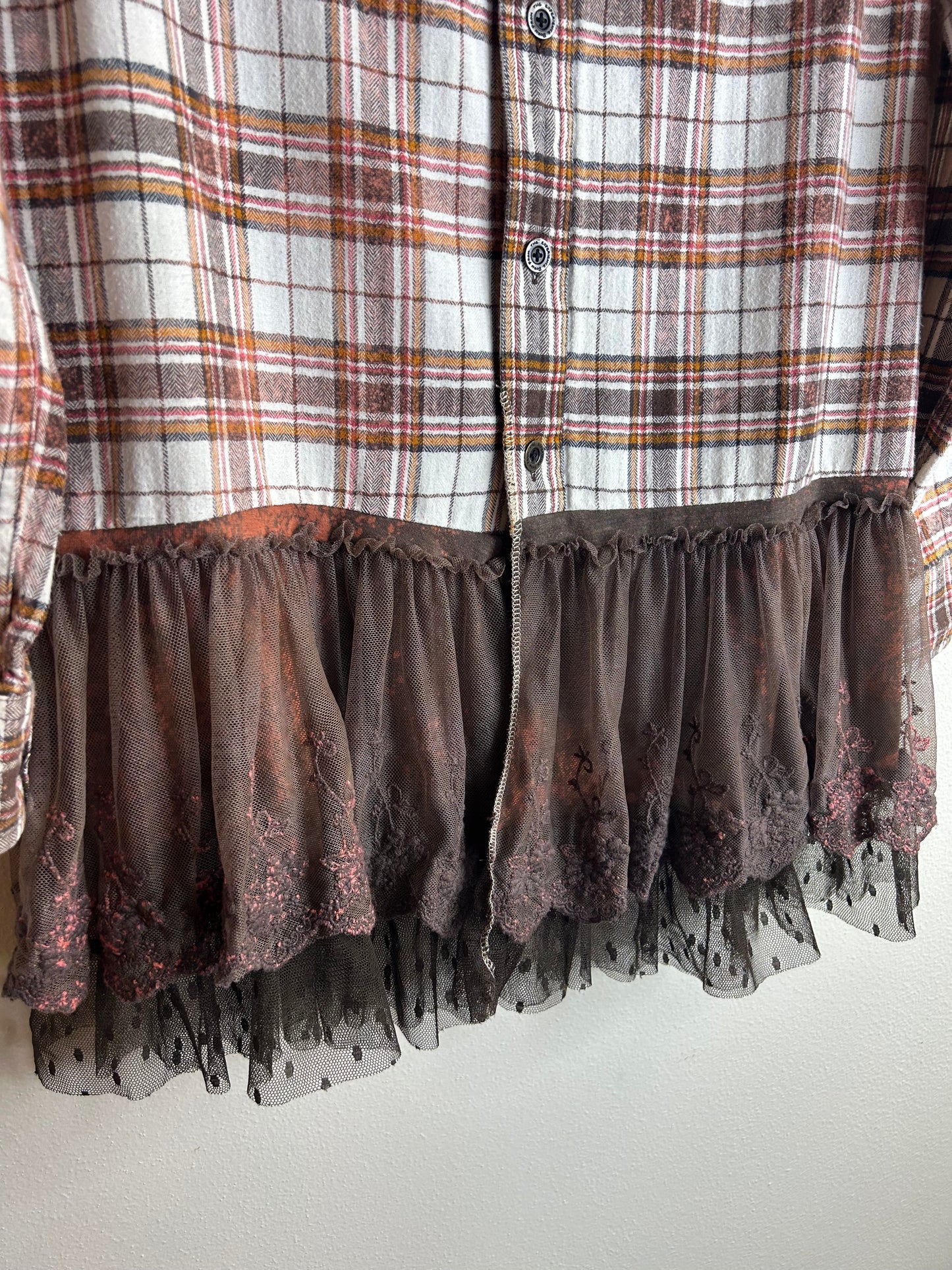 Wisconsin upcycled flannel shirt with ruffles unisex size S brown white