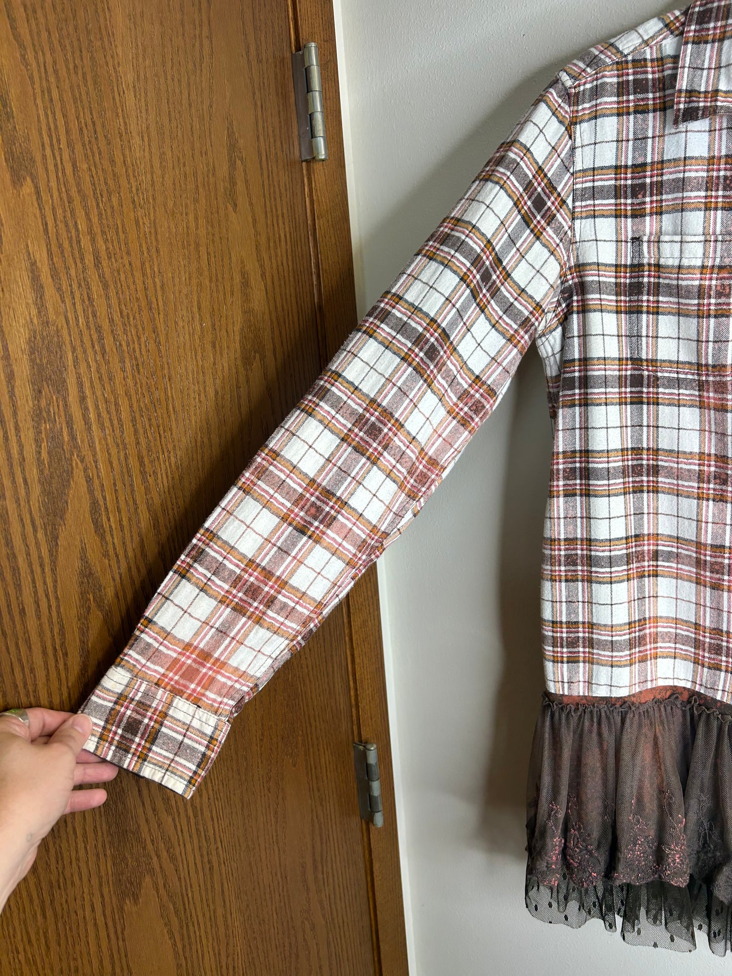 Wisconsin upcycled flannel shirt with ruffles unisex size S brown white