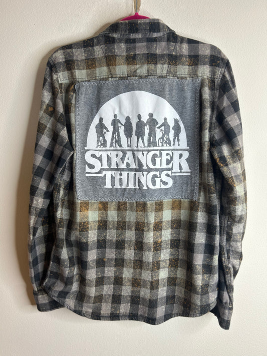 Stranger Things upcycled flannel shirt unisex size M black gray