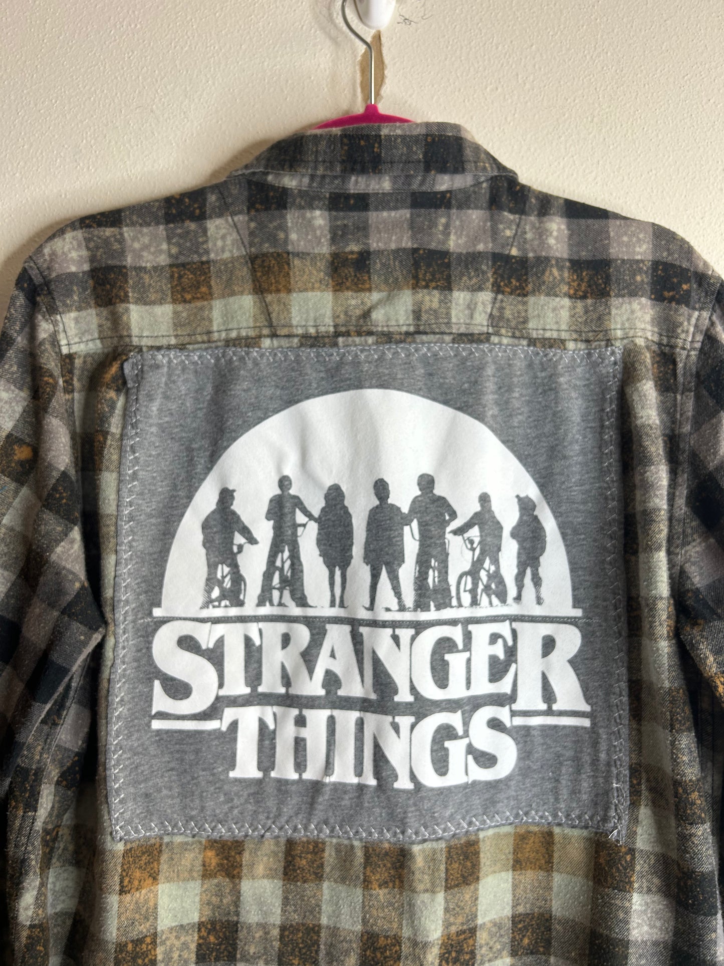 Stranger Things upcycled flannel shirt unisex size M black gray