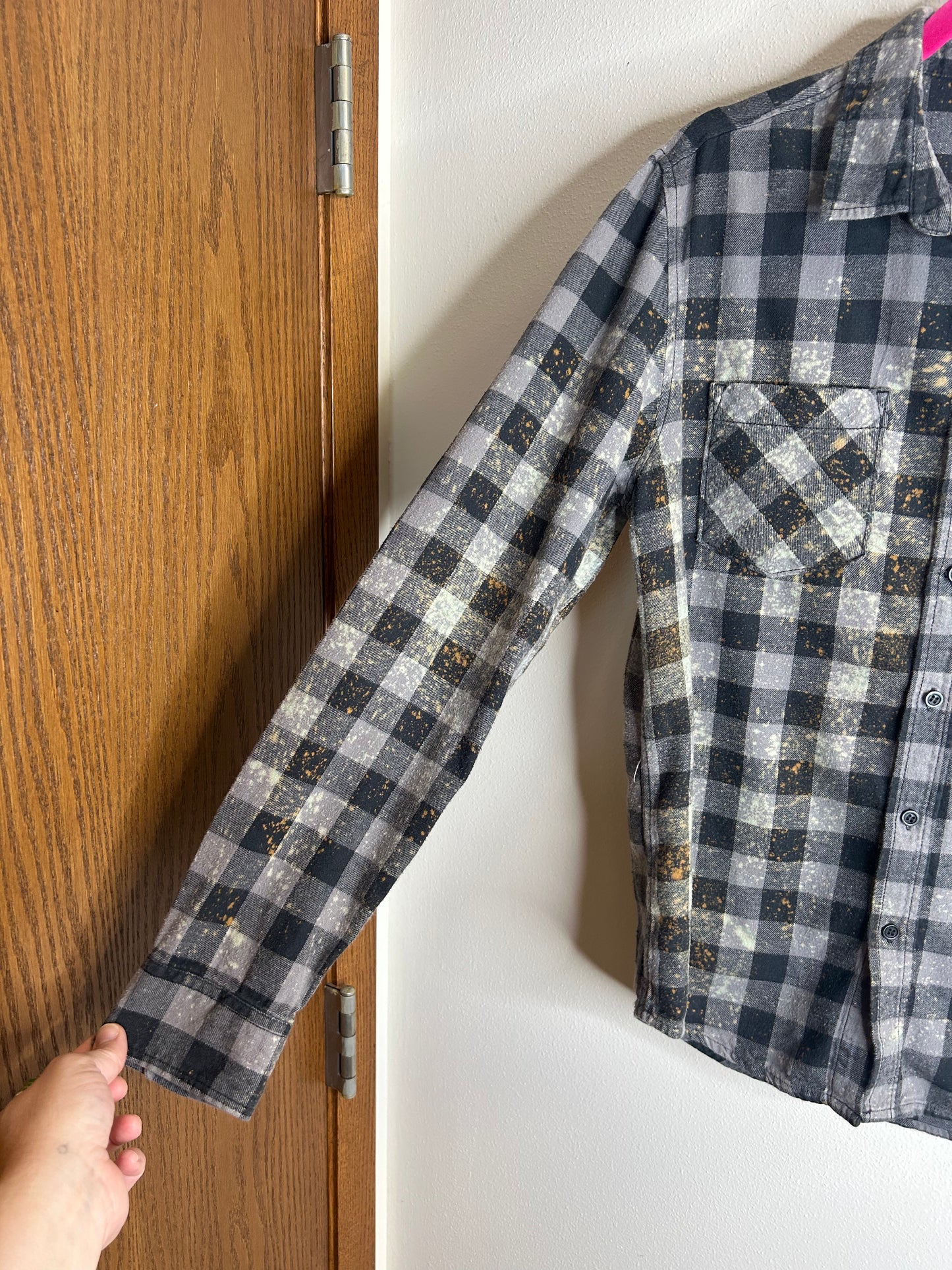Stranger Things upcycled flannel shirt unisex size M black gray