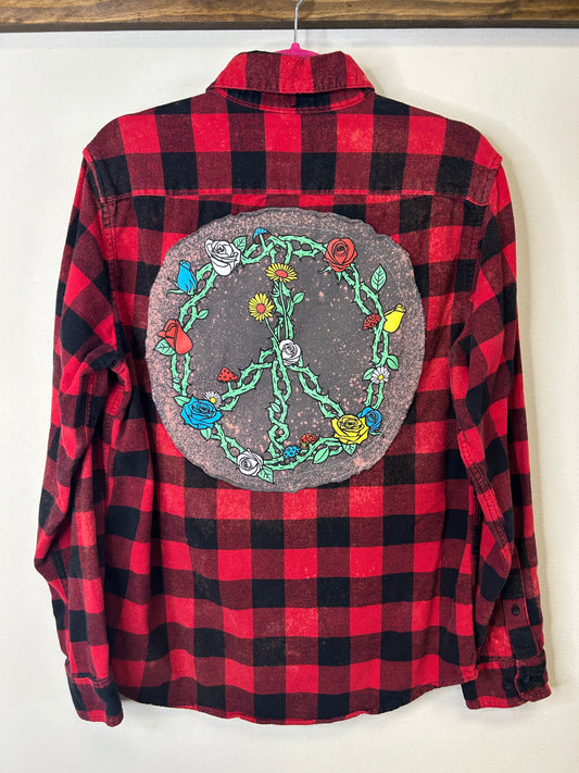 Peace upcycled flannel shirt unisex size M red black